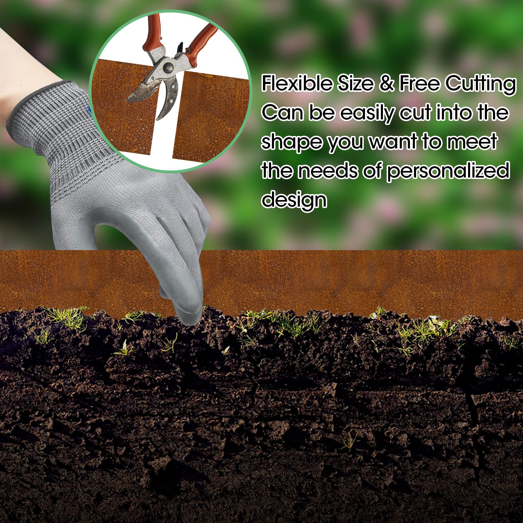 Garten Rasenkante aus Cortenstahl, Cortenstahl Rasenkante Corten-Stahl Beeteinfassung für DIY-Rasen, Rasenkantenband mit Rost inklusive 1 Paar Handschuhe