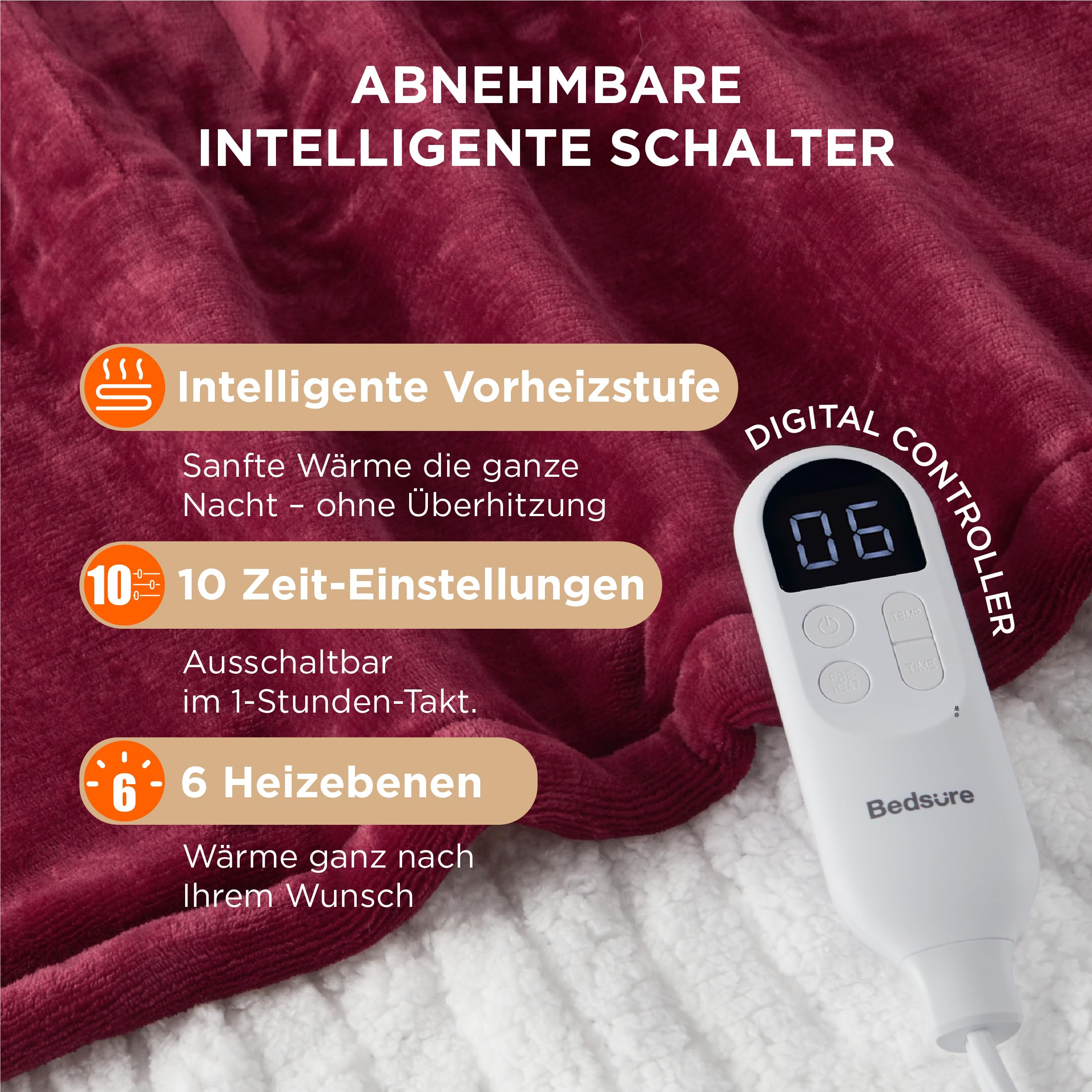Elektrische Decke mit automatischem Abschalten - Wärmedecke mit 6 Wärmeeinstellungen und 10-Stunden-Timer, bis zu 8 Stunden Überhitzungsschutz, elektrische Kuscheldecke für Zuhause und Büro, 130 x 180 cm