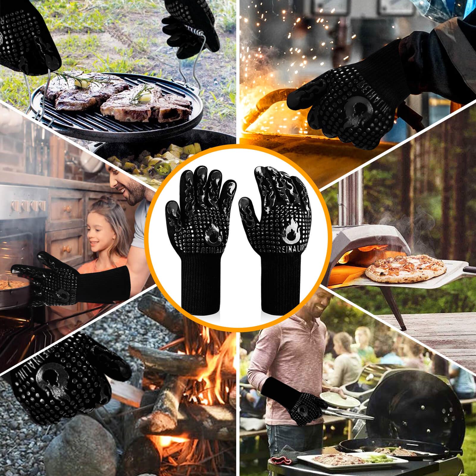 Reinalin Grillhandschuhe Hitzebeständig bis 800°C, Ofenhandschuhe Topfhandschuhe Feuerfeste Handschuhe BBQ Handschuhe Kochhandschuhe Backhandschuhe Backofenhandschuhe (L/XL/XXL, Schwarz)