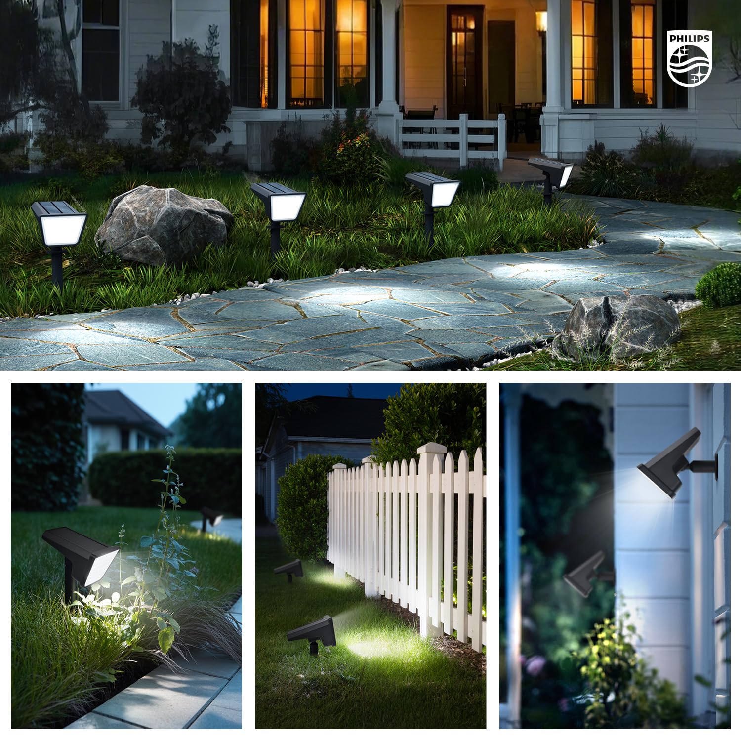 Philips 4 Stück Solarstrahler für Außen Garten, 28 LEDs 7500K Kaltweiß Solarbetriebene Landschaftsbeleuchtung, Wasserdicht Wegeleuchten, Dusk to Dawn – Für Garten, Hof, Rasen, Gehweg