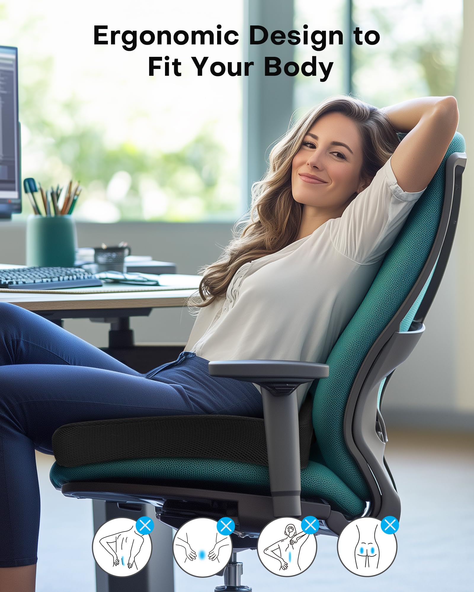 Sitzkissen, Orthopädisches Sitzkissen aus Memory Foam, Ergonomisches Sitzkissen für Bürostuhl /Autositz / Steissbeinkissen Stuhlkissen Sitzkissen Outdoor Zuhause, Schwarz