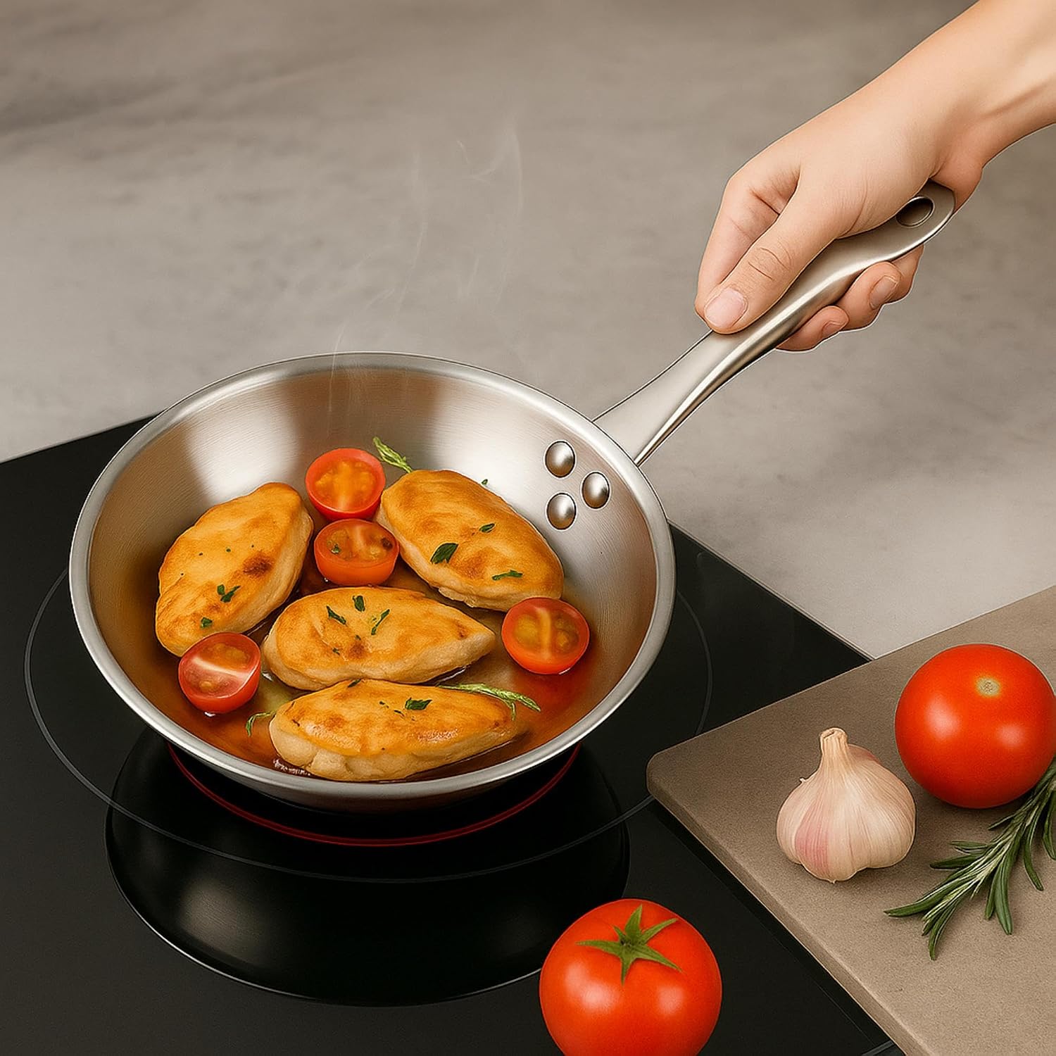 Kochgeschirr-Set, 7-teilig, aus Edelstahl, Ø 20 cm und Ø 24 x 5 cm, induktionsgeeignet, ohne Antihaftbeschichtung