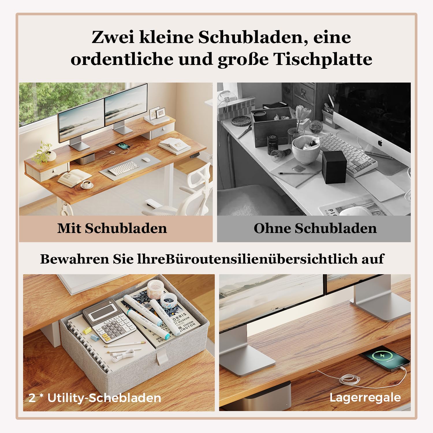 Höhenverstellbarer Schreibtisch mit Doppelschubladen, Elektrisch Höhenverstellbarer Schreibtisch, Sitz-Steh-Computertisch, Ergonomischer Stehschreibtisch