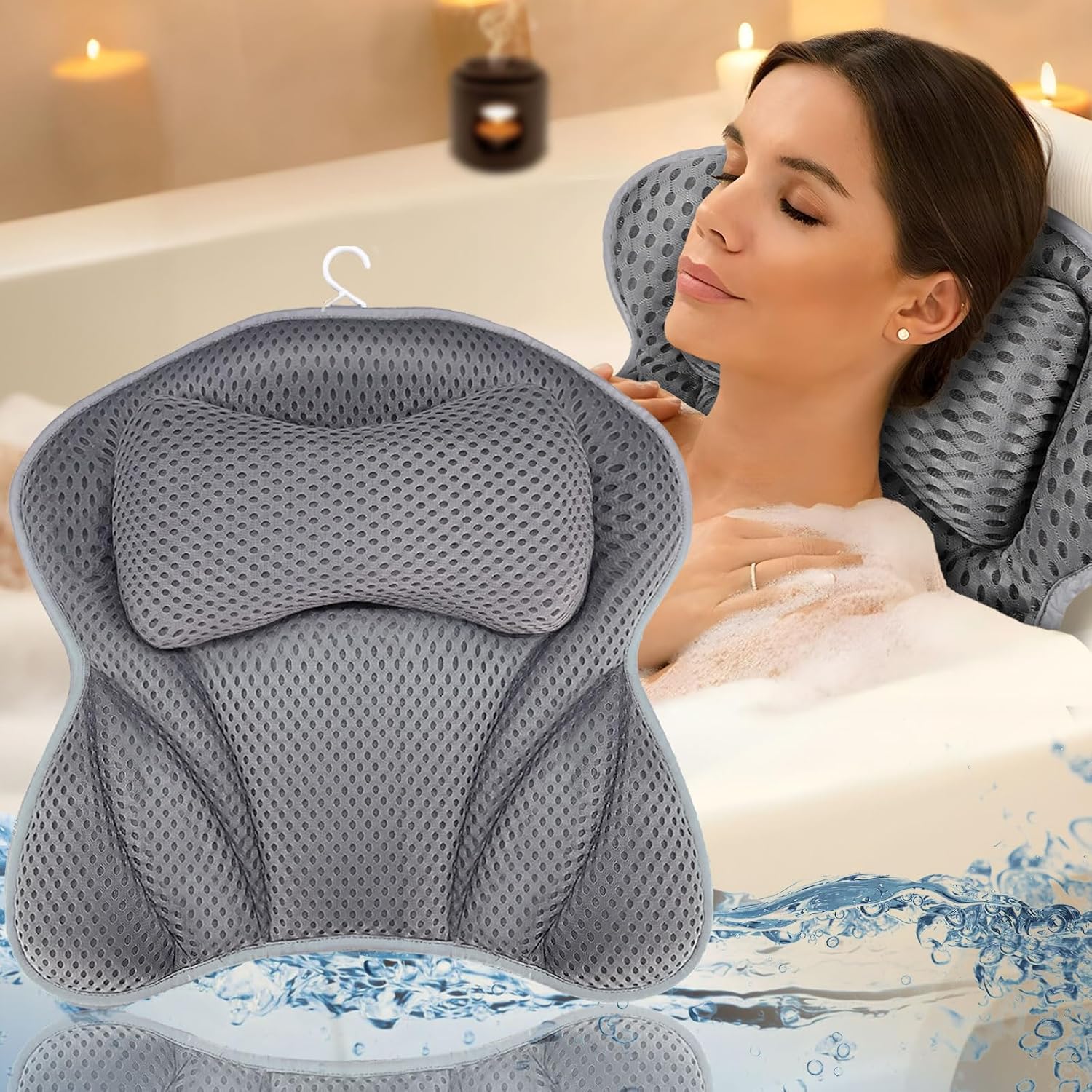 Badekissen, Halskissen für Badewanne, 4D Mesh Halskissen, Badekissen, Komfortbadkissen mit 6 Saugnäpfen für Home Spa und Badewannen, Stützen Kopf, Hals, Schultern, Rücken