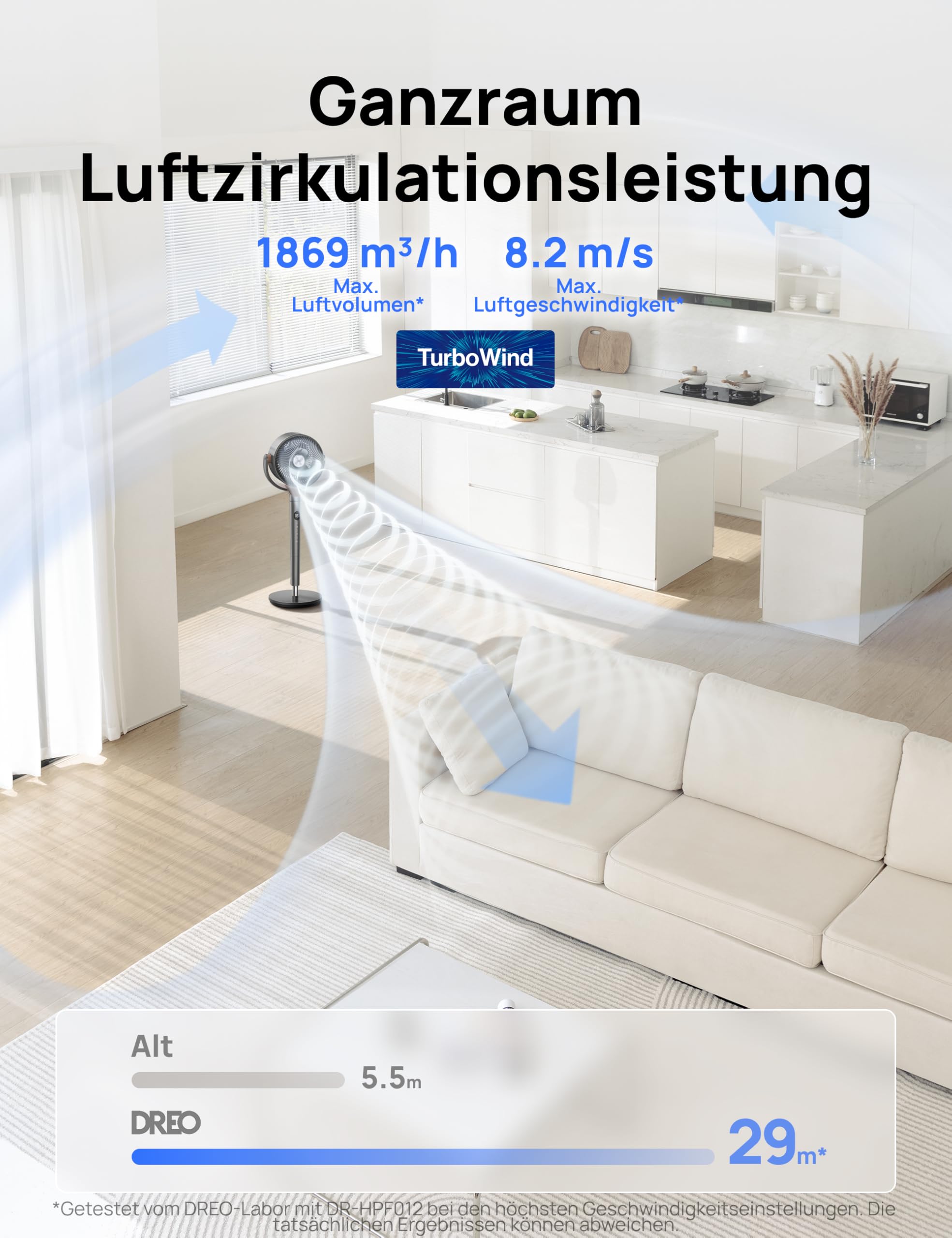 Starker Standventilator Smart mit RGB Light, 120° +120° Oszillierender Ventilator mit Fernbedienung, 20dB Leiser Bodenventilator / Turmventilator für Schlafzimmer, 8H Timer, Silber