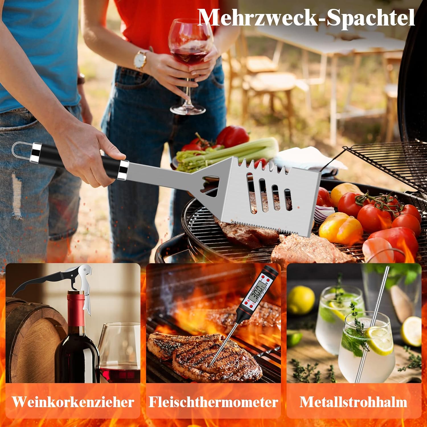 38 Stücke BBQ Grillbesteck Set Edelstahl Grillzubehör für Männer Geschenk Geburtstag Hochwertiger Grillutensilien Set Koffer mit Grillkoffer und Grillmatte für Garten und Camping Braun