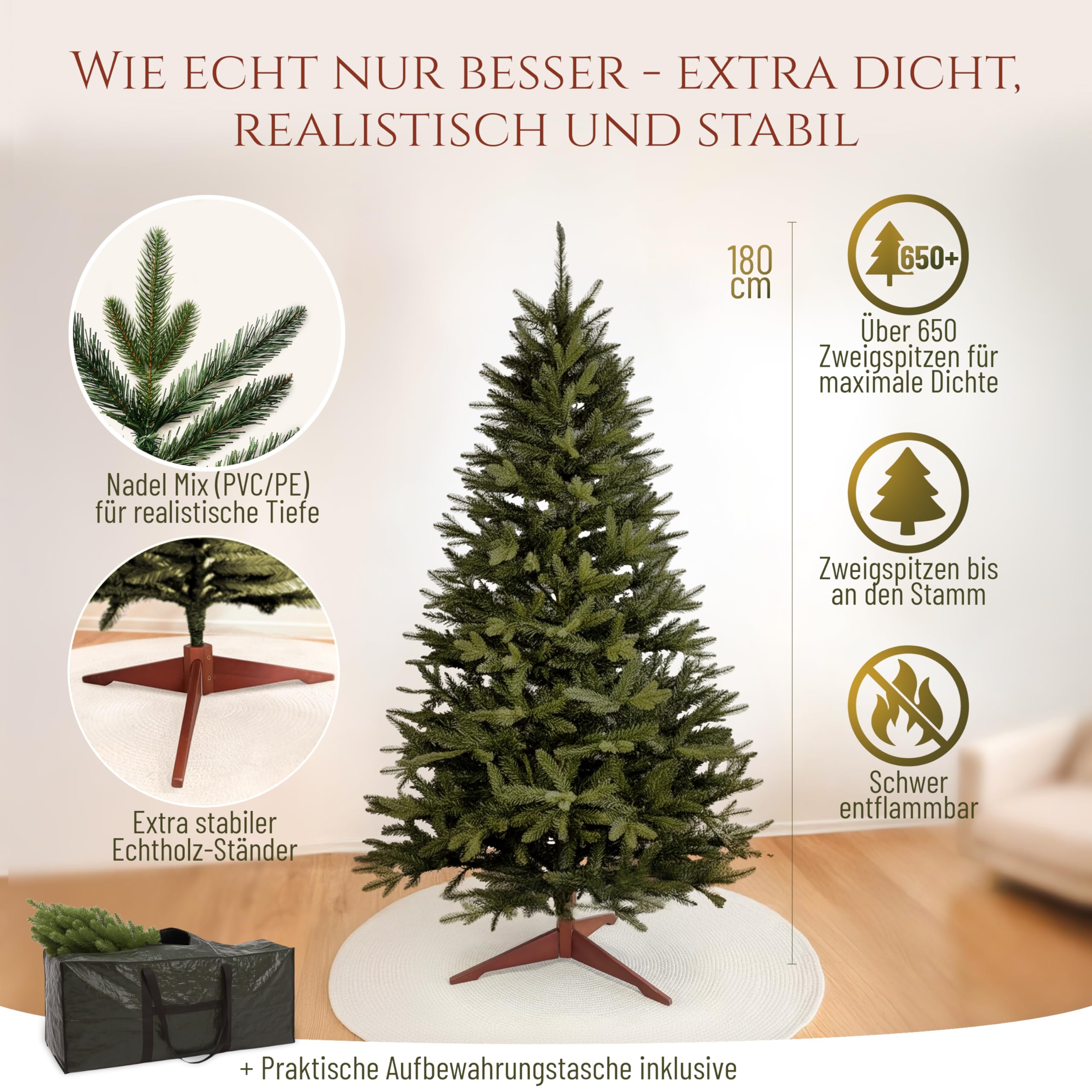 Künstlicher Weihnachtsbaum - Lebensähnlich, besonders dichte Äste, einfache Montage, Made in EU - Premium-Weihnachtsbaum mit Holzständer, Aufbewahrungstasche - Eleganter Nordmann Tannenbaum / Varianten Auswahl - Restposten Neu & OVP!