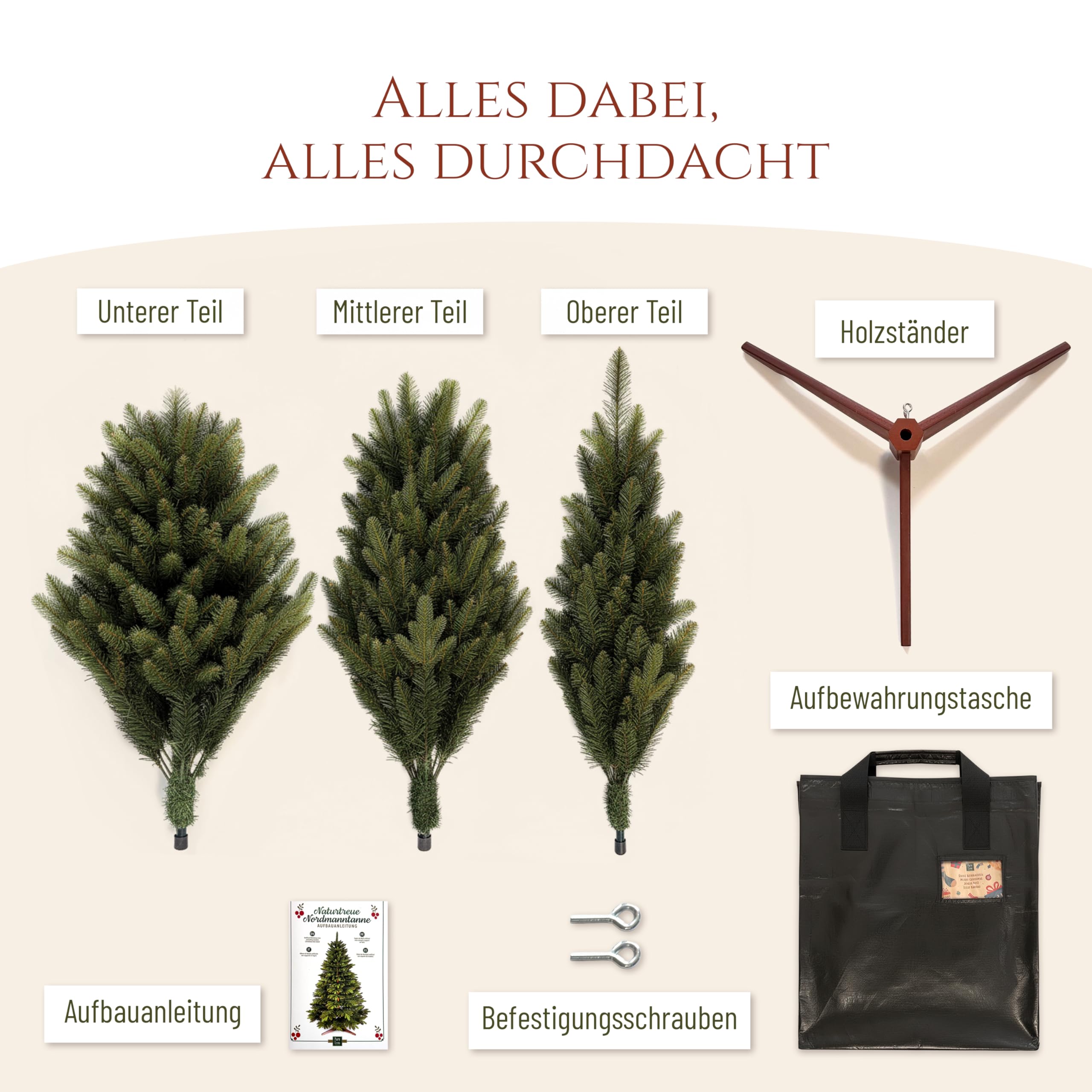 Künstlicher Weihnachtsbaum - Lebensähnlich, besonders dichte Äste, einfache Montage, Made in EU - Premium-Weihnachtsbaum mit Holzständer, Aufbewahrungstasche - Eleganter Nordmann Tannenbaum / Varianten Auswahl - Restposten Neu & OVP!