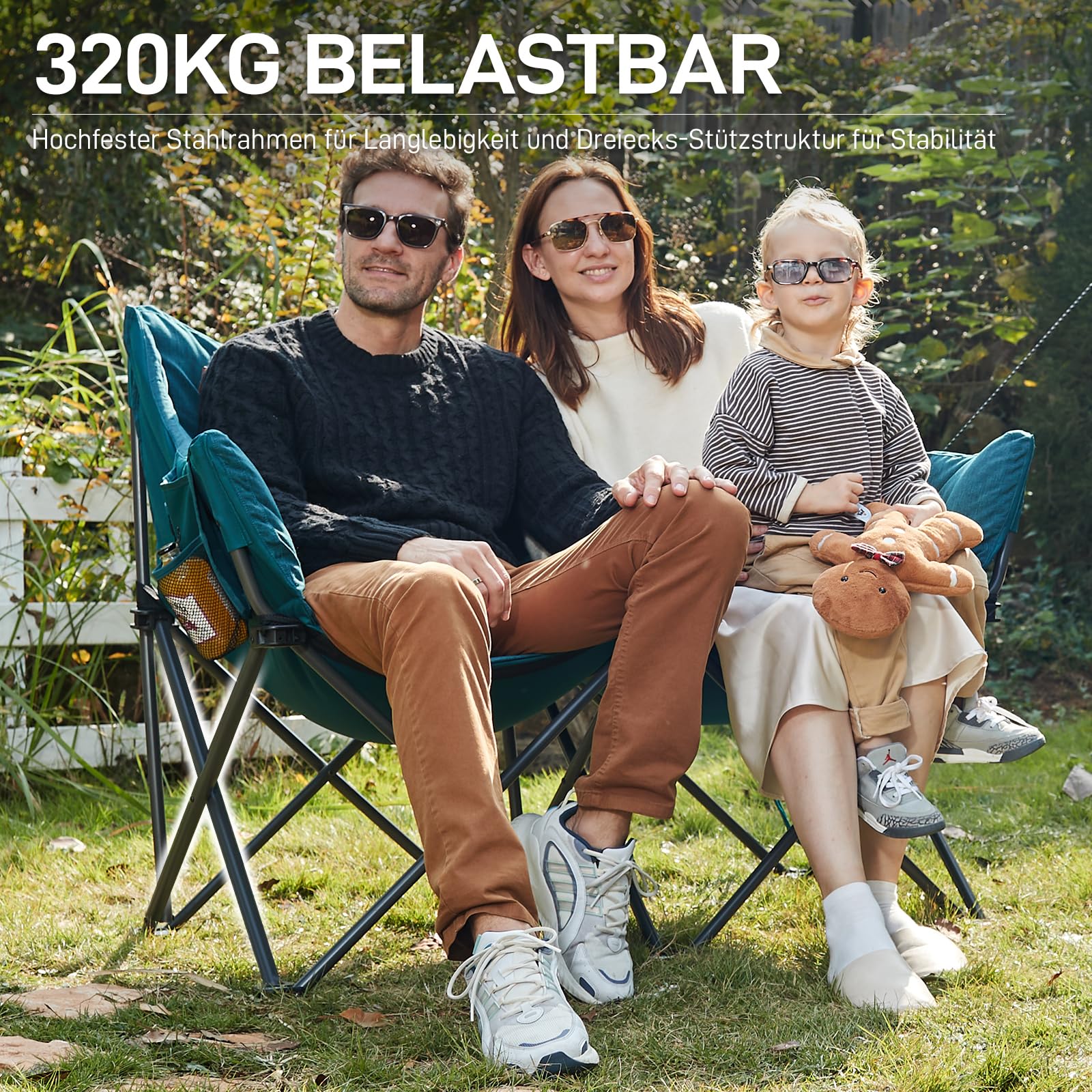 Campingstuhl Faltbar 124CM Breit Campingsofa für 2 Personen Faltsofa 320KG Belastbar, Campingcouch Dick Gepolstert Klappstuhl XXL 2 Sitzer Hohe Lehne für Outdoor Garten Balkon Indoor