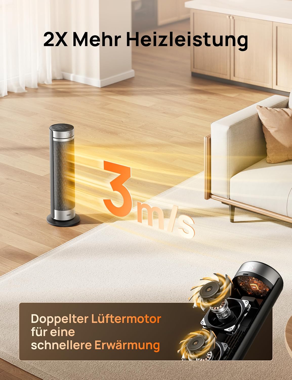 Heizlüfter, 2000W Leiser Elektrischer Heizstrahler fürs Schlafzimmer mit Fernbedienung, 12h Timer, 70° Oszillation, 5 Modi, PTC Keramik mit Thermostat, Heizung für Große Räume, Büro