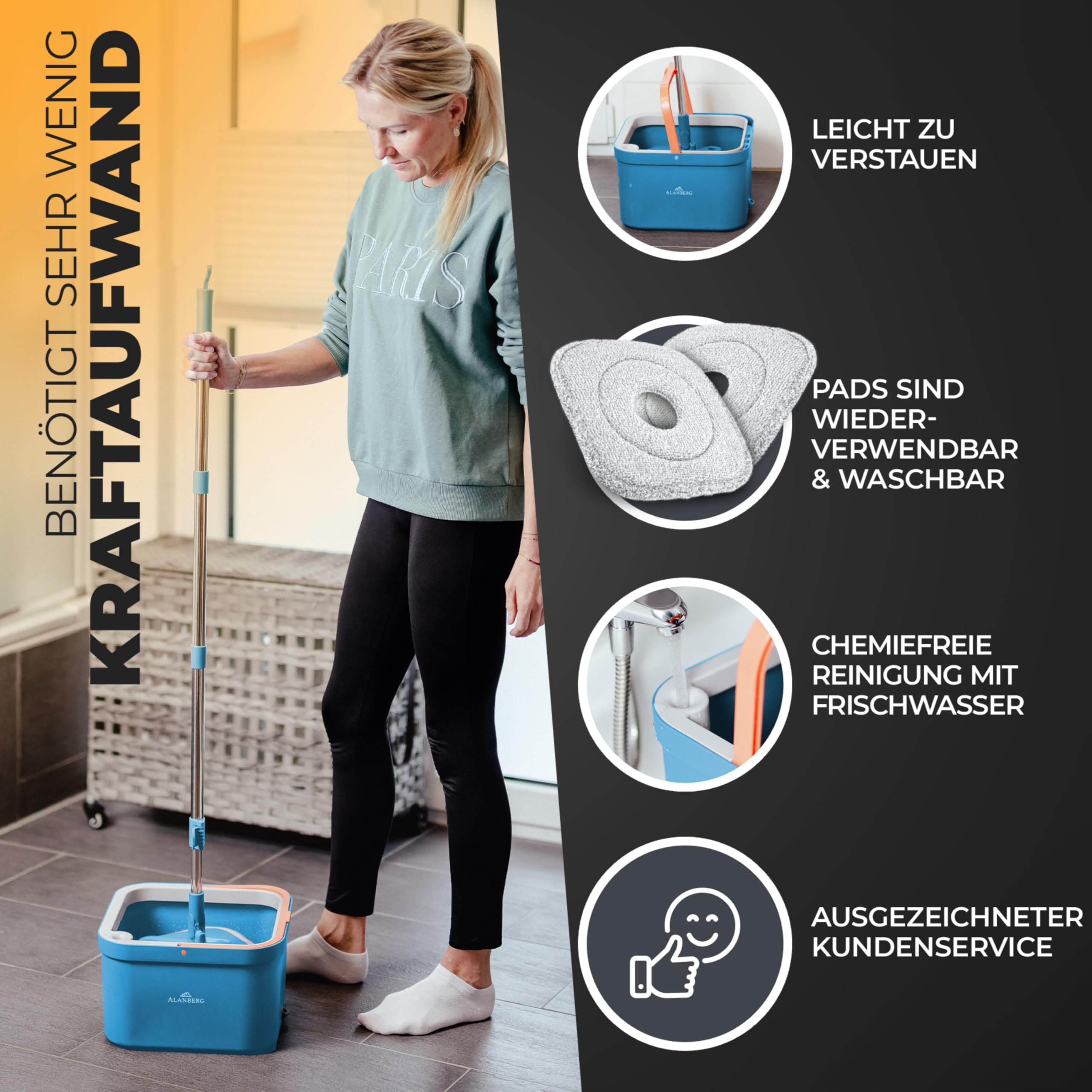 Wischmopp Set mit Eimer, 2-Kammer-System Frisch-/Schmutzwasser Trennung, selbst-auswringend, 160 cm Stiel & 2 Mikrofaser-Pads, für alle Böden, Grau