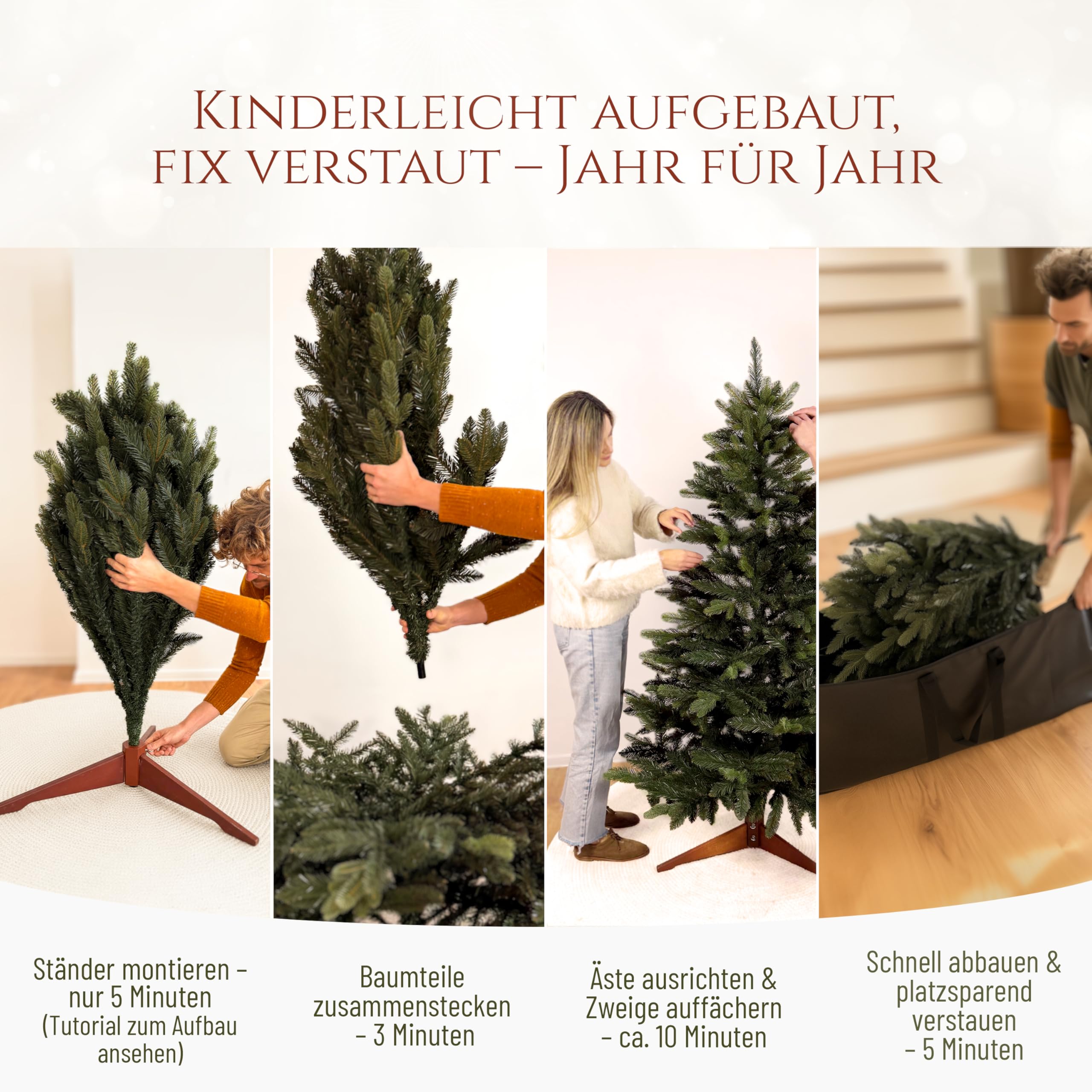 Künstlicher Weihnachtsbaum - Lebensähnlich, besonders dichte Äste, einfache Montage, Made in EU - Premium-Weihnachtsbaum mit Holzständer, Aufbewahrungstasche - Eleganter Nordmann Tannenbaum / Varianten Auswahl - Restposten Neu & OVP!