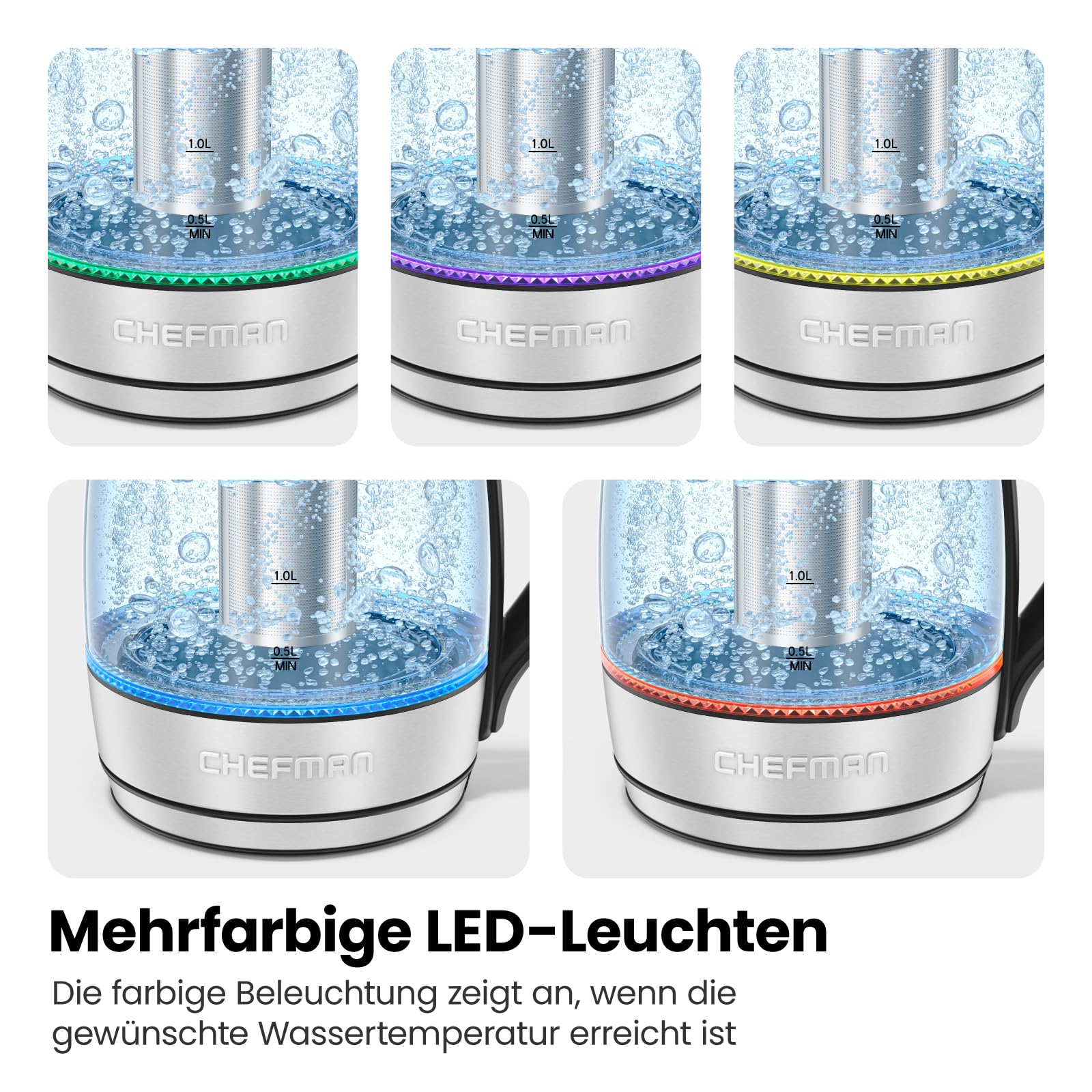 Elektrischer Wasserkocher Glas mit Teesieb, 1.8 Liter, LED-Anzeige / BPA-Frei, 2200 Watt, Edelstahl
