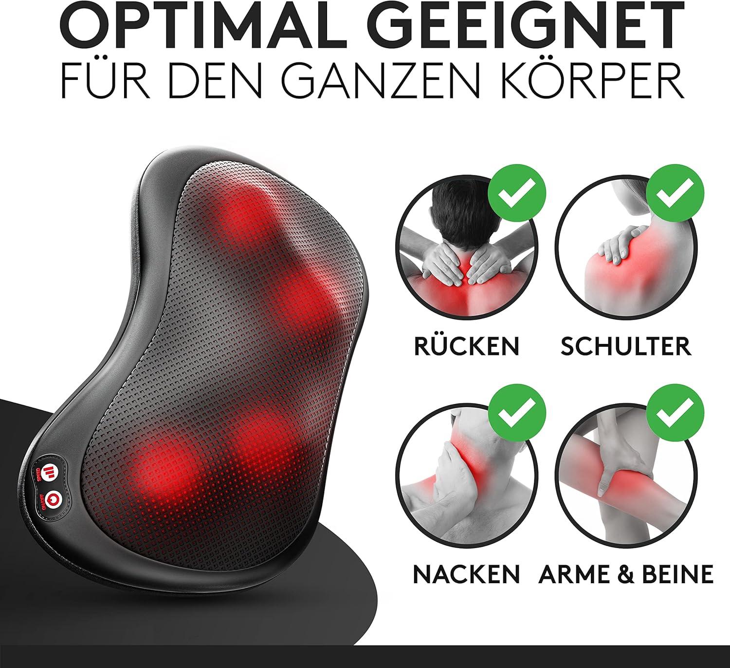 Massagekissen mit Wärmefunktion & 360° Drehung - Shiatsu Nackenmassagegerät mit 3 Geschwindigkeiten für Schultern & Rücken - inkl. Verlängerungsgurt - Neck Massager, Schwarz