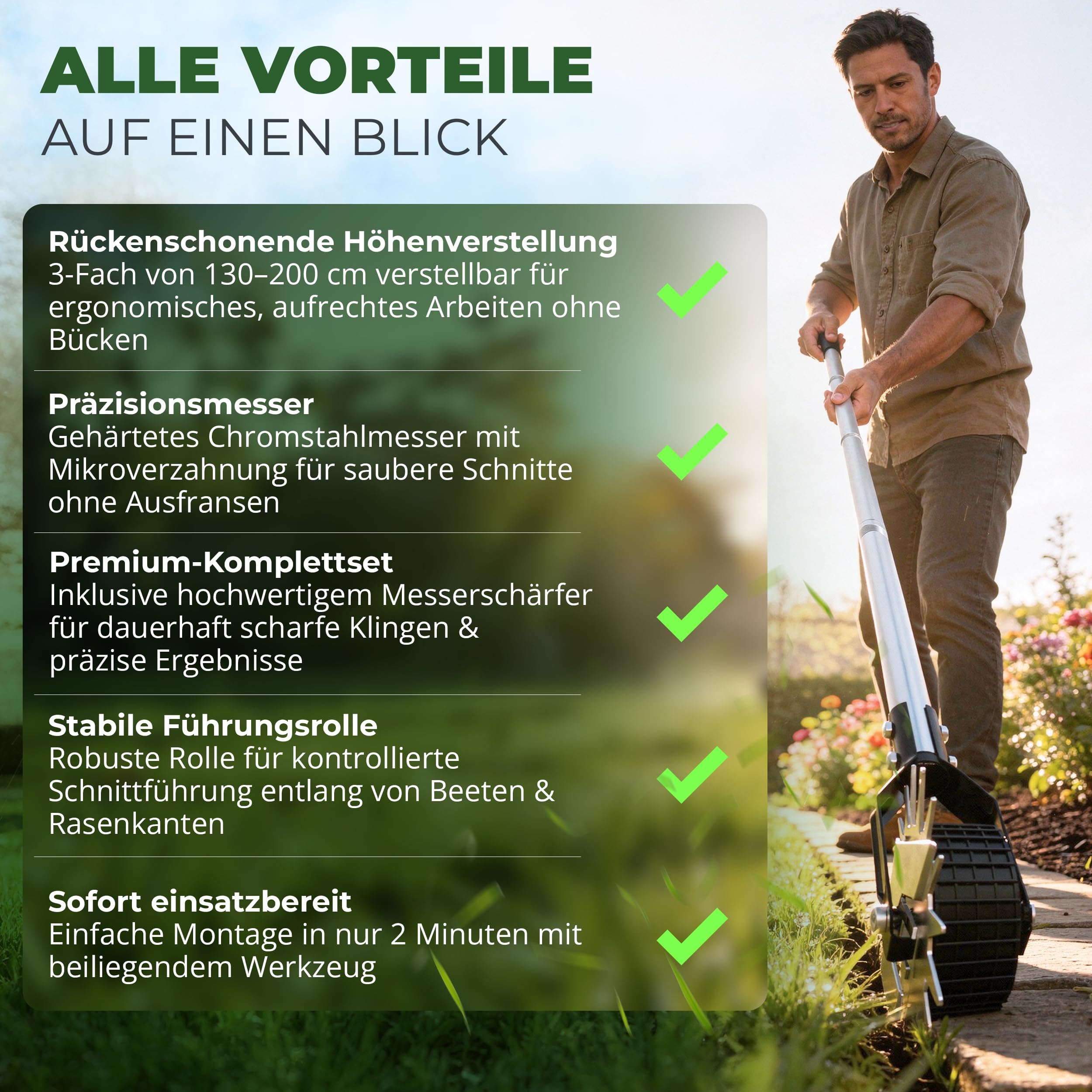Rasenkantenschneider – 4-teilig Verstellbarer Edelstahlgriff, ideal für Jede Körpergröße, verbesserter gepolsterter Griff, gut ausbalancierte Rollen, inkl. Schleifmesser