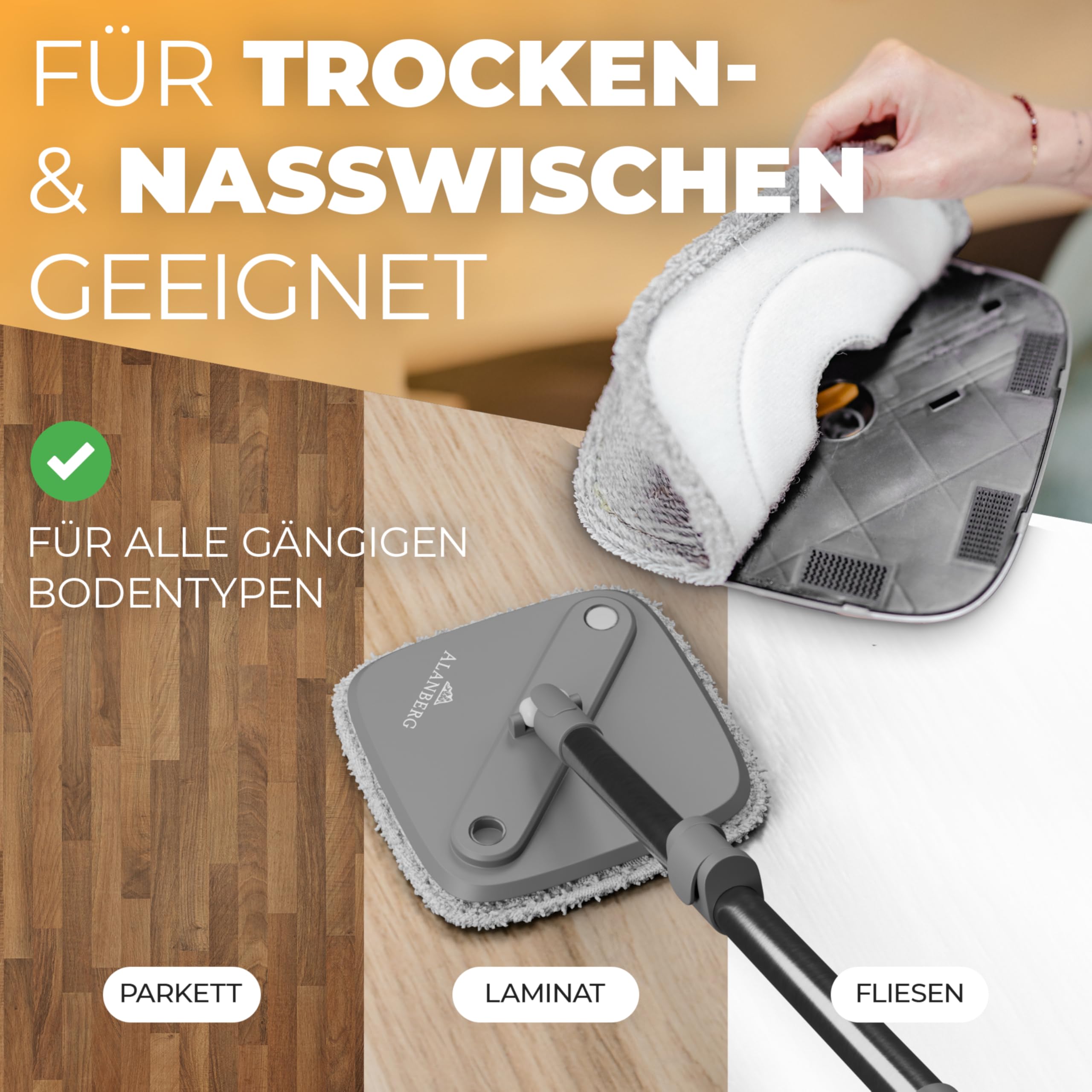 Wischmopp Set mit Eimer, 2-Kammer-System Frisch-/Schmutzwasser Trennung, selbst-auswringend, 160 cm Stiel & 2 Mikrofaser-Pads, für alle Böden, Grau