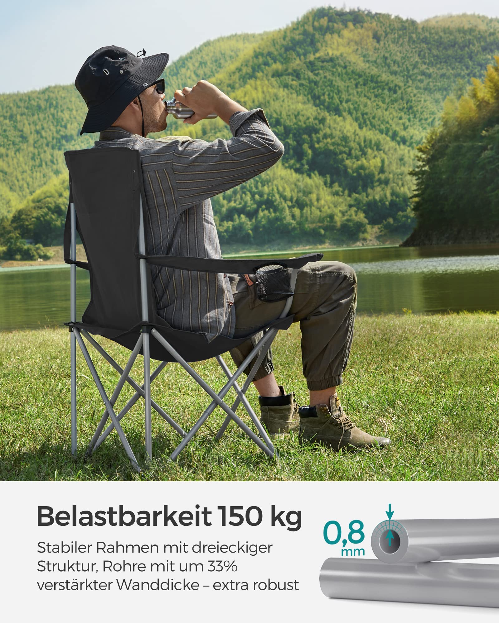 2er Set Klappstuhl Campingstuhl Bequeme Schwerlaststruktur bis 150kg belastbar mit Getränkehalter Outdoor Stuhl