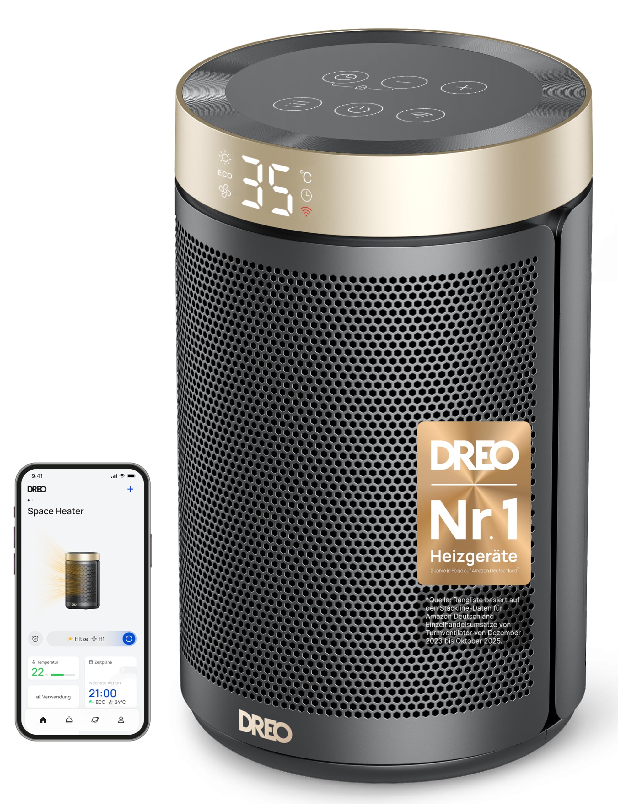 Energiesparender Heizlüfter, 34 dB Leiser 1500W Elektrischer PTC Keramik, Thermostat, Überhitzungs- & Kippschutz, 12 Std. Timer, Elektroheizung für Räume Schlafzimmer, Heater 316, Gold