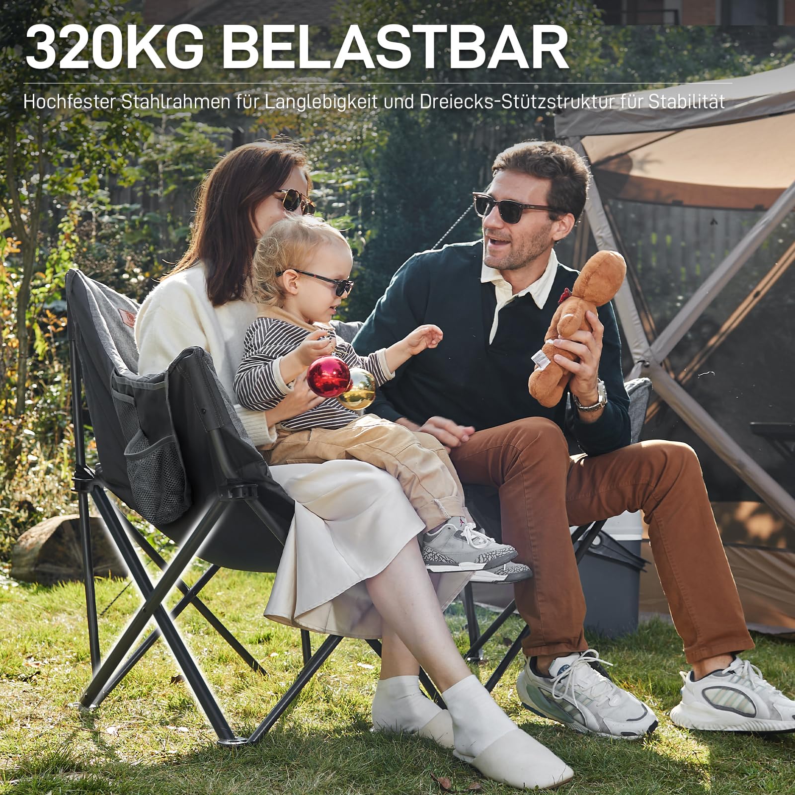 Campingstuhl Faltbar 124CM Breit Campingsofa für 2 Personen Faltsofa 320KG Belastbar, Campingcouch Dick Gepolstert Klappstuhl XXL 2 Sitzer Hohe Lehne für Outdoor Garten Balkon Indoor