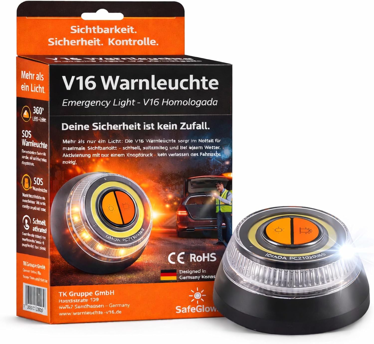 Warnleuchte V16 Notlicht 2026 IDIADA Zulassung Nr. PC21020060 - Warndreieck - Pannendreieck - EU Zulassung - für Auto & Motorrad