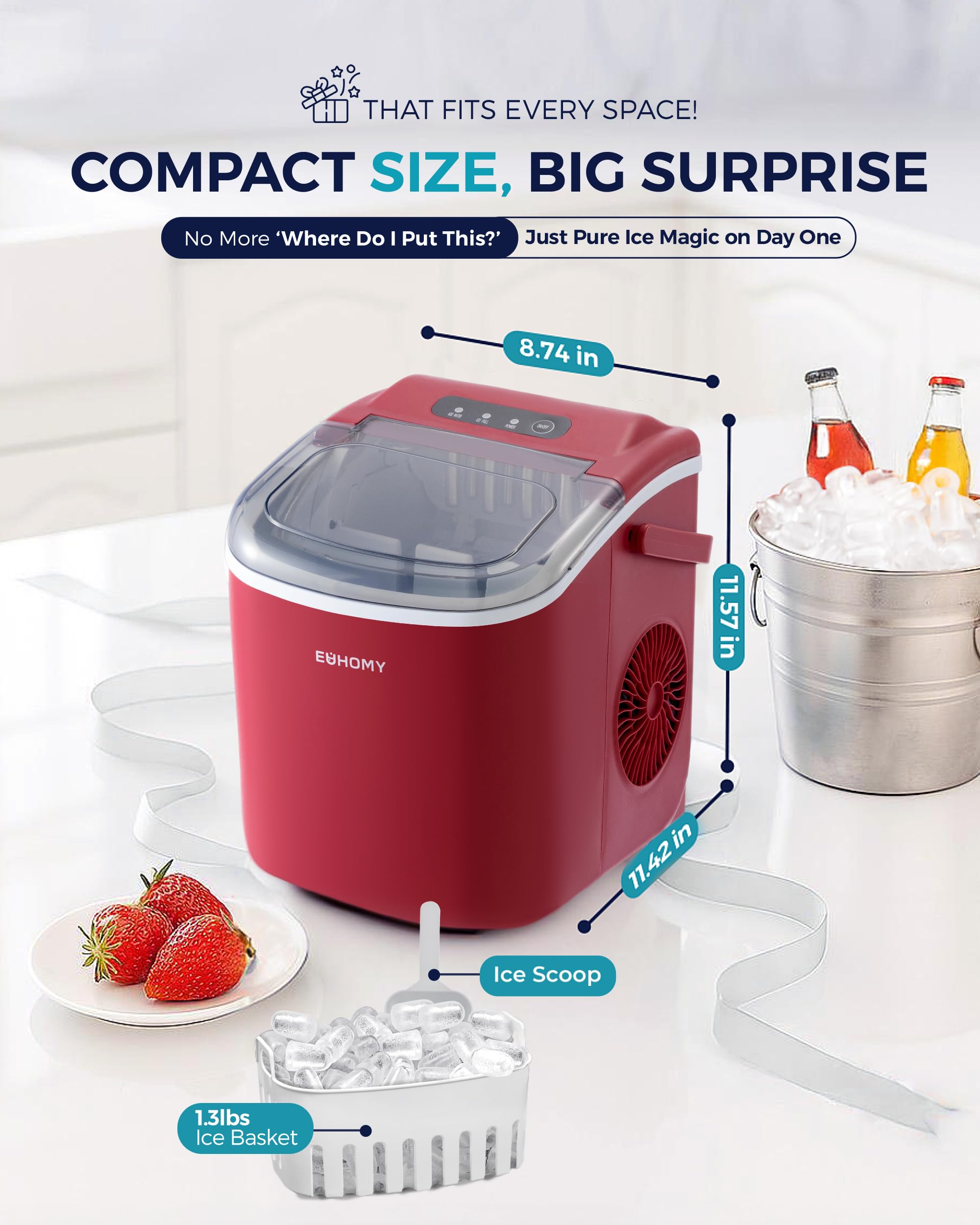 Eiswürfelmaschine Klein, 9 Eiswürfel in 6 Minuten, 12 kg/24H, Eiswürfelmaschine Edelstahl mit Tragbarem Griff, Selbstreinigender Kompakter Eiswürfelmaschinen für Zuhause/Küche/Büro/Bar