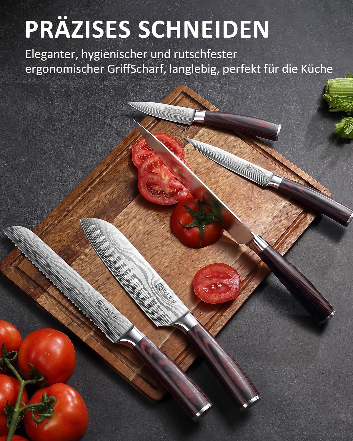 Küchenmesser-Set, 5-teiliges Küchenmesser-Set aus hochwertigem Kohlenstoff-Edelstahl, Ultra Sharp Messer-Set mit Kochmesser, Hackmesser, Nutzmesser
