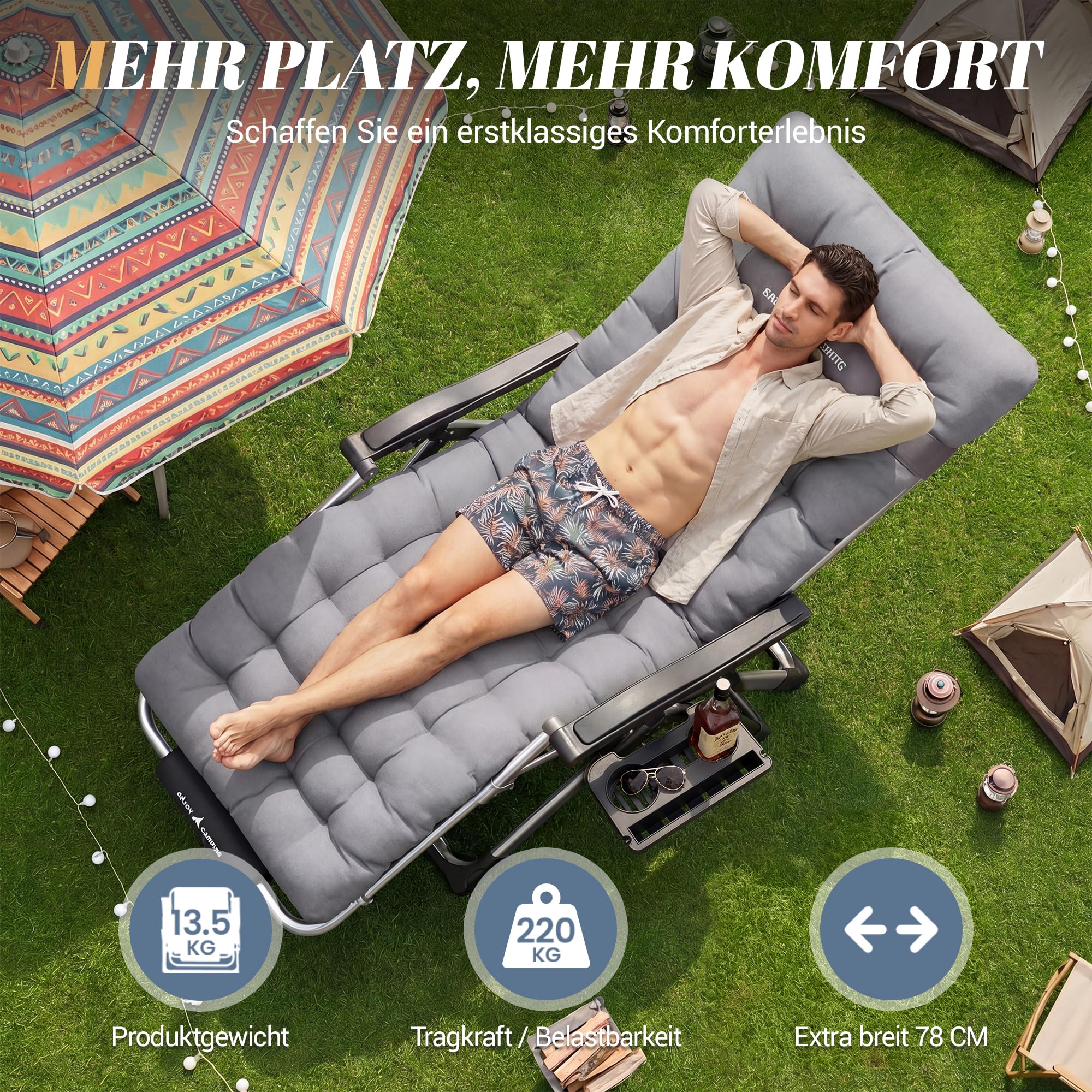 Sonnenliege Liegestuhl Klappbar Mit Getränkehalter Gartenstuhl Mit Auflage Polster, Liegestuhl, Extra groß Gartenliege, Verstellbar Rückenlehne Garten Liege