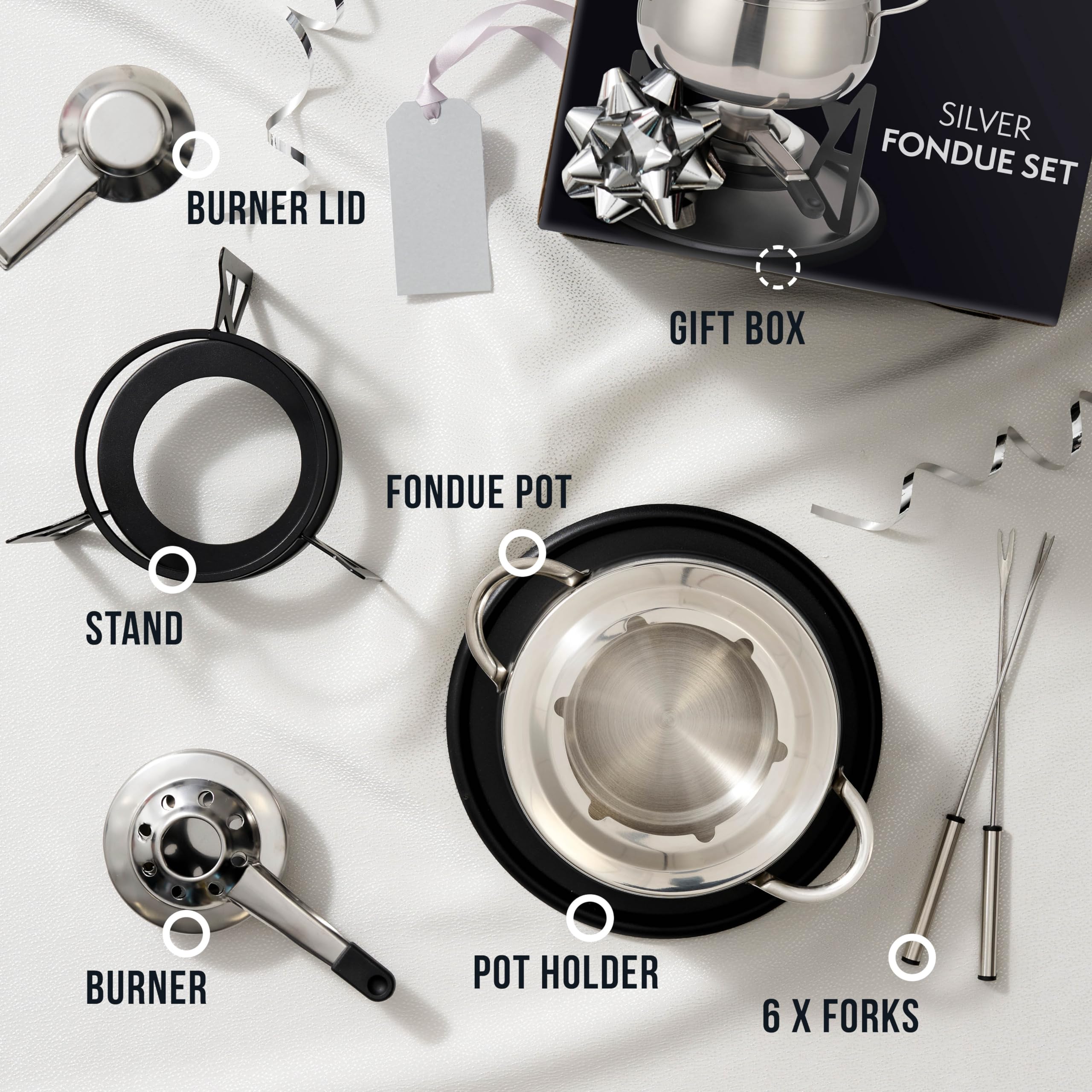 10-teilige Premium-Fondue aus Edelstahl für 6 Personen - Elegantes Silber - Schokolade, Käse, Fleisch - Robust & Chic - Geschenkset für Valentinstag/Geburtstag/Jubiläum
