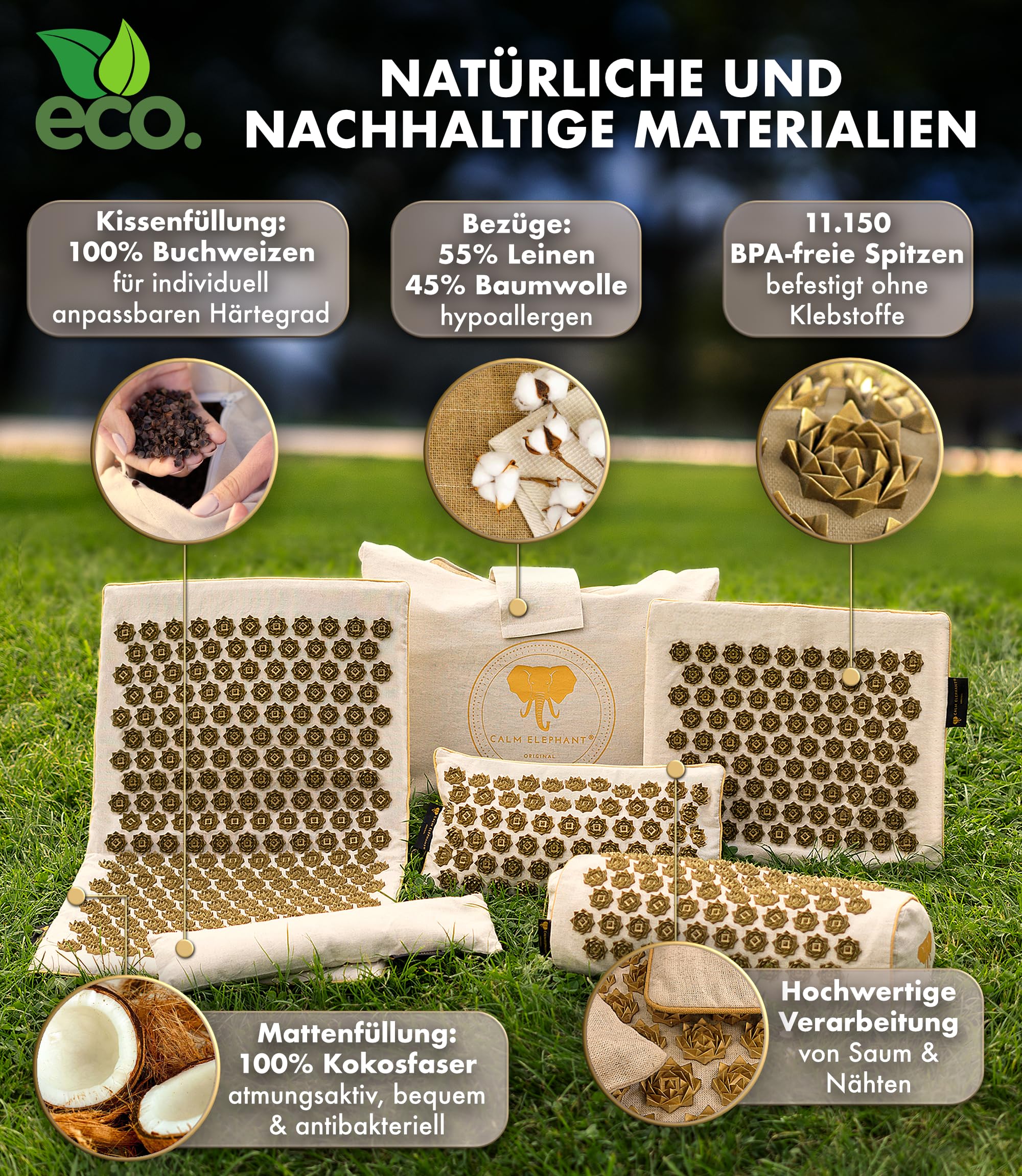 Echte Akupressurmatte mit Kissen XXL Set aus 5 Massagematten Rückenspannung Entlastung Akupunkturmatte mit Wärmefunktion, Lumbalkissen, Doormatte & Tasche, Grau