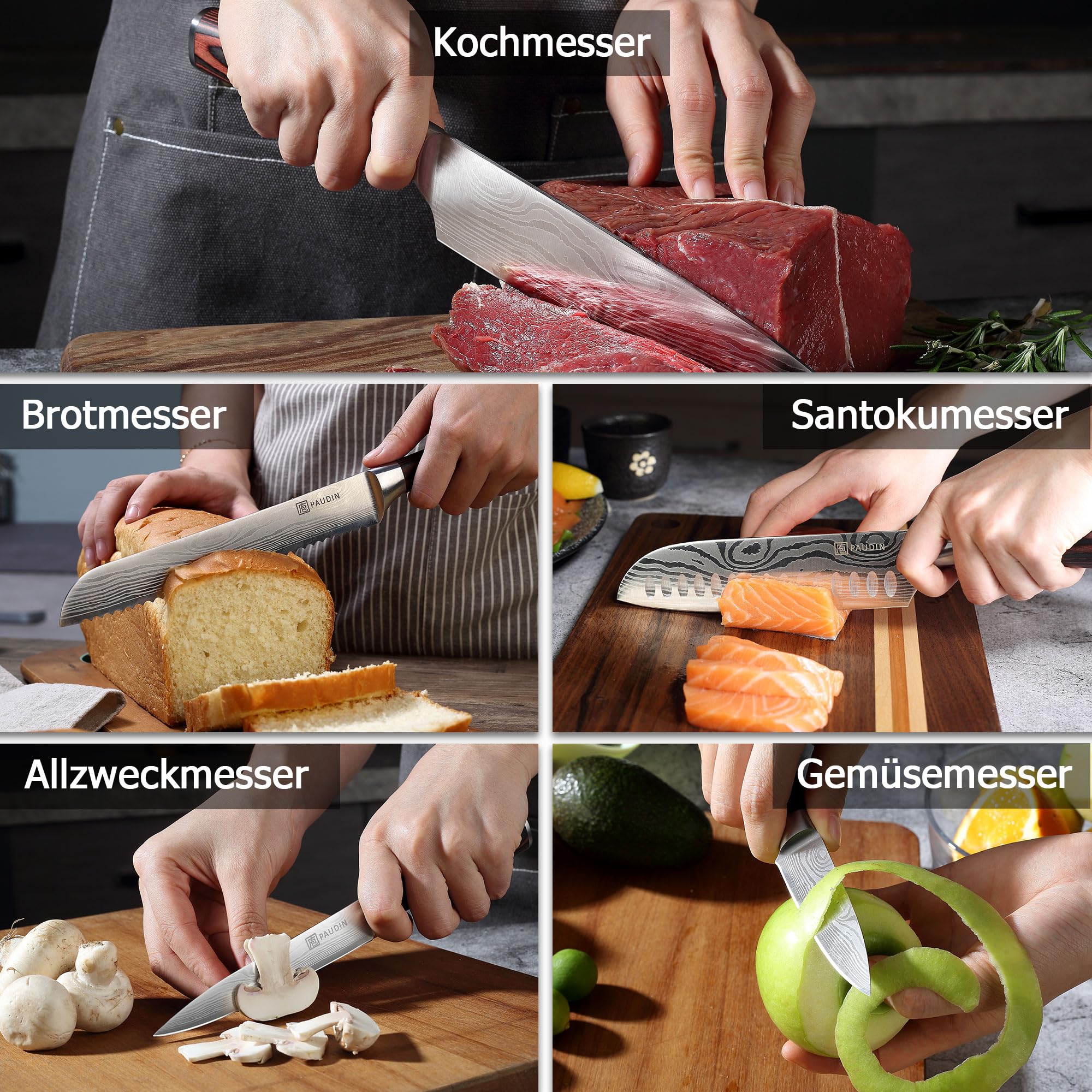 Küchenmesser-Set, 5-teiliges Küchenmesser-Set aus hochwertigem Kohlenstoff-Edelstahl, Ultra Sharp Messer-Set mit Kochmesser, Hackmesser, Nutzmesser