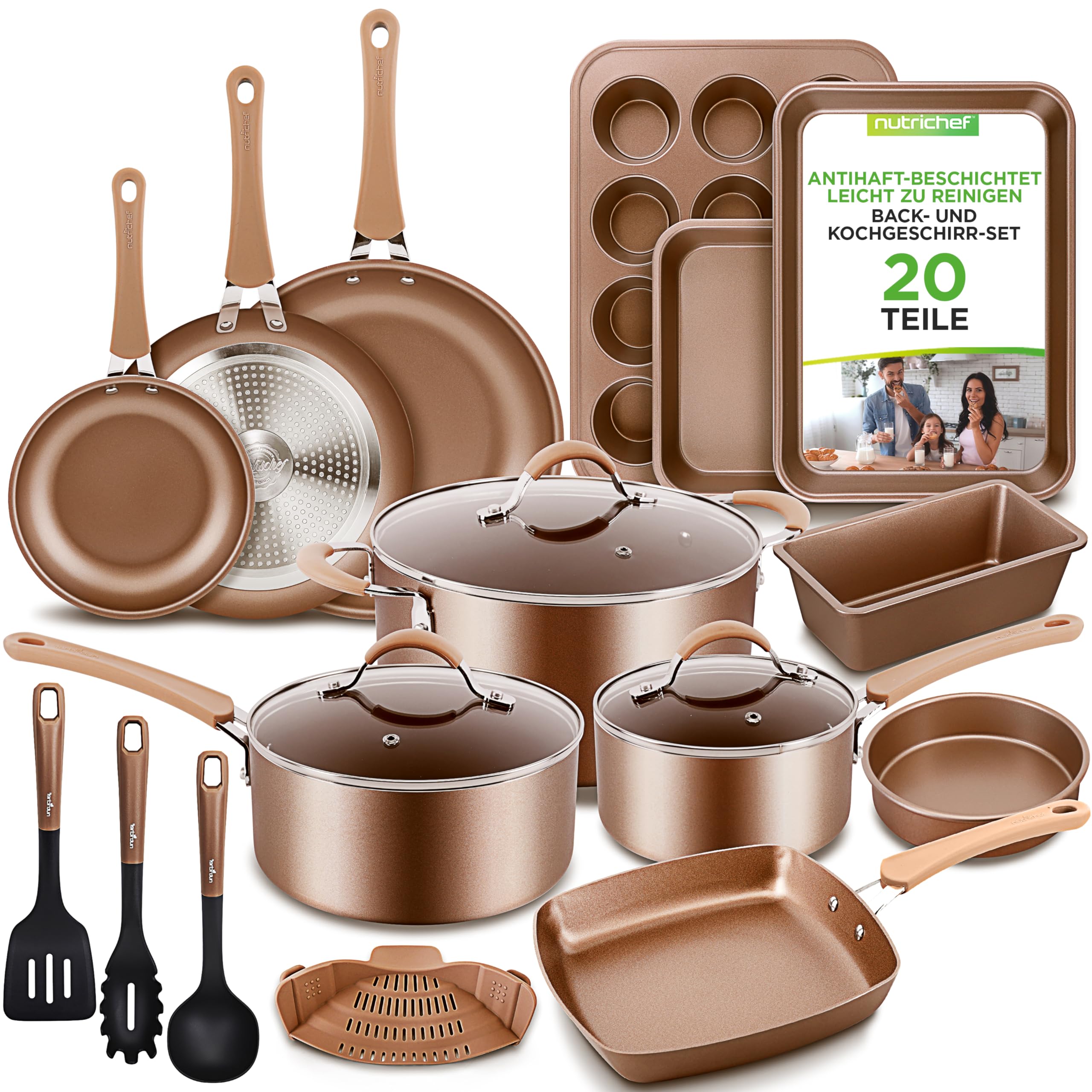 20-teiliges Non-Stick-Saucepan, Pfannen- und Backformset - Kochset PFOA/PFOS frei für Gas, Strom, Keramik und Induktion - Enthält Pfannen, Töpfe, Backdosen, Laibdose, Muffinform