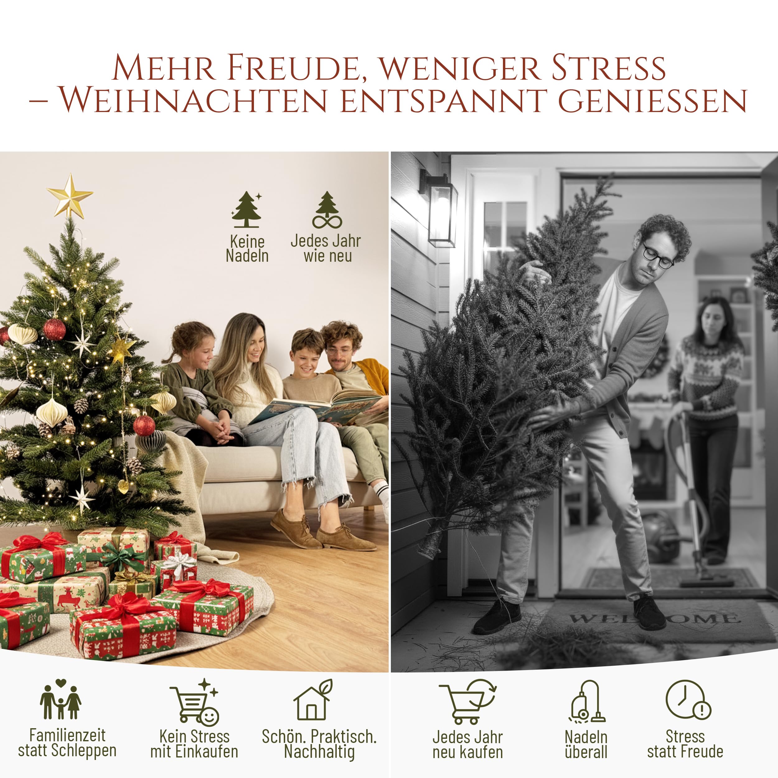 Künstlicher Weihnachtsbaum - Lebensähnlich, besonders dichte Äste, einfache Montage, Made in EU - Premium-Weihnachtsbaum mit Holzständer, Aufbewahrungstasche - Eleganter Nordmann Tannenbaum / Varianten Auswahl - Restposten Neu & OVP!