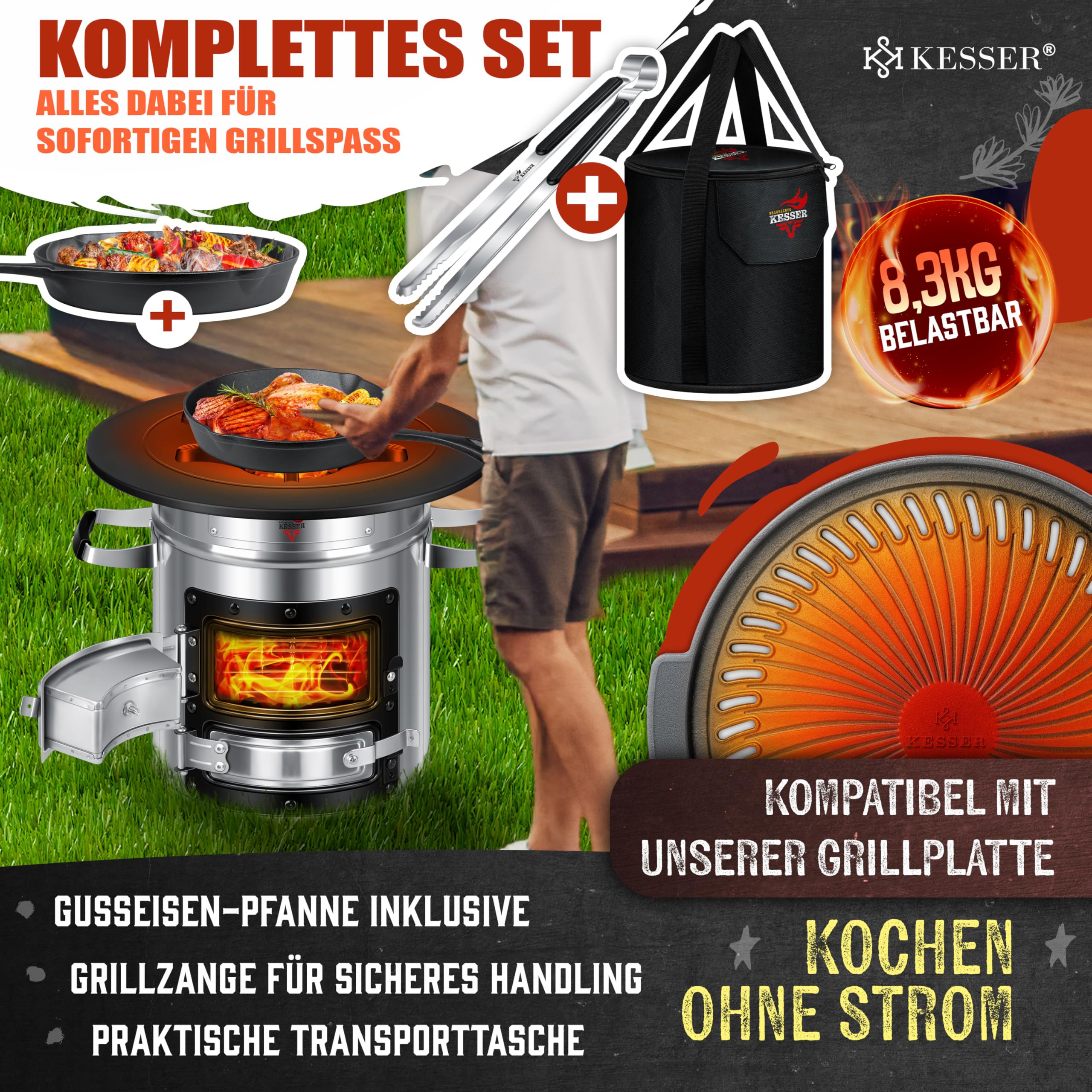 Raketenherd mit Gusseisen-Grillpfanne / Enthält Grillzange & Tragetasche /Camping Grill Edelstahl