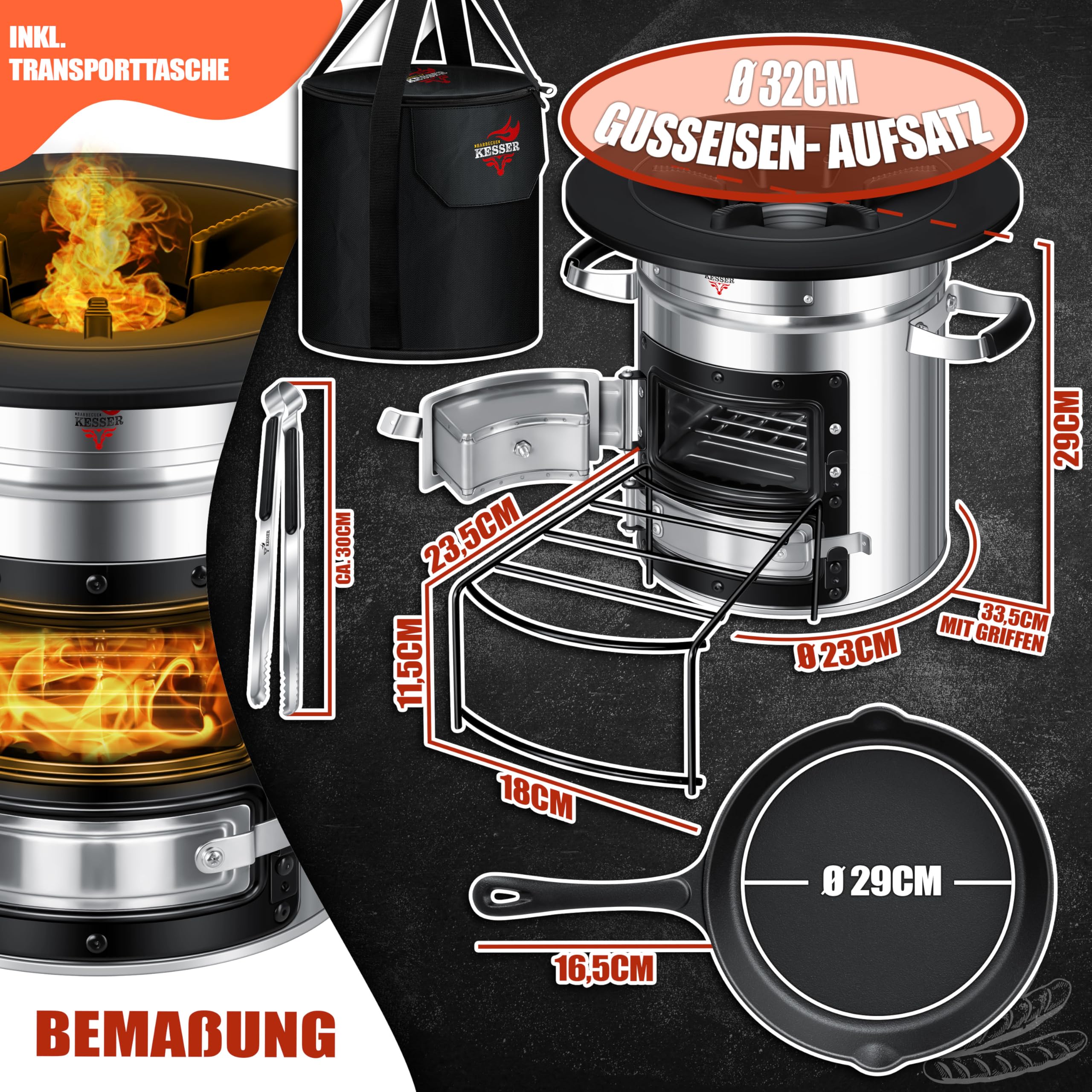Raketenherd mit Gusseisen-Grillpfanne / Enthält Grillzange & Tragetasche /Camping Grill Edelstahl