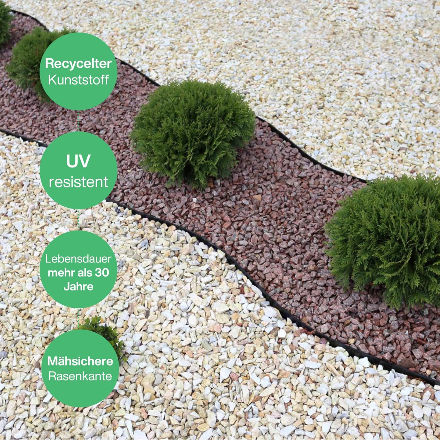 Flexible Rasenkante Kunststoff - Robustes Stay-in-Place Design - Sehr Gut zu Verarbeiten, Min. 30 Jahre Lebensdauer, Unsichtbar - Beeteinfassung aus 100% recyceltem Plastik