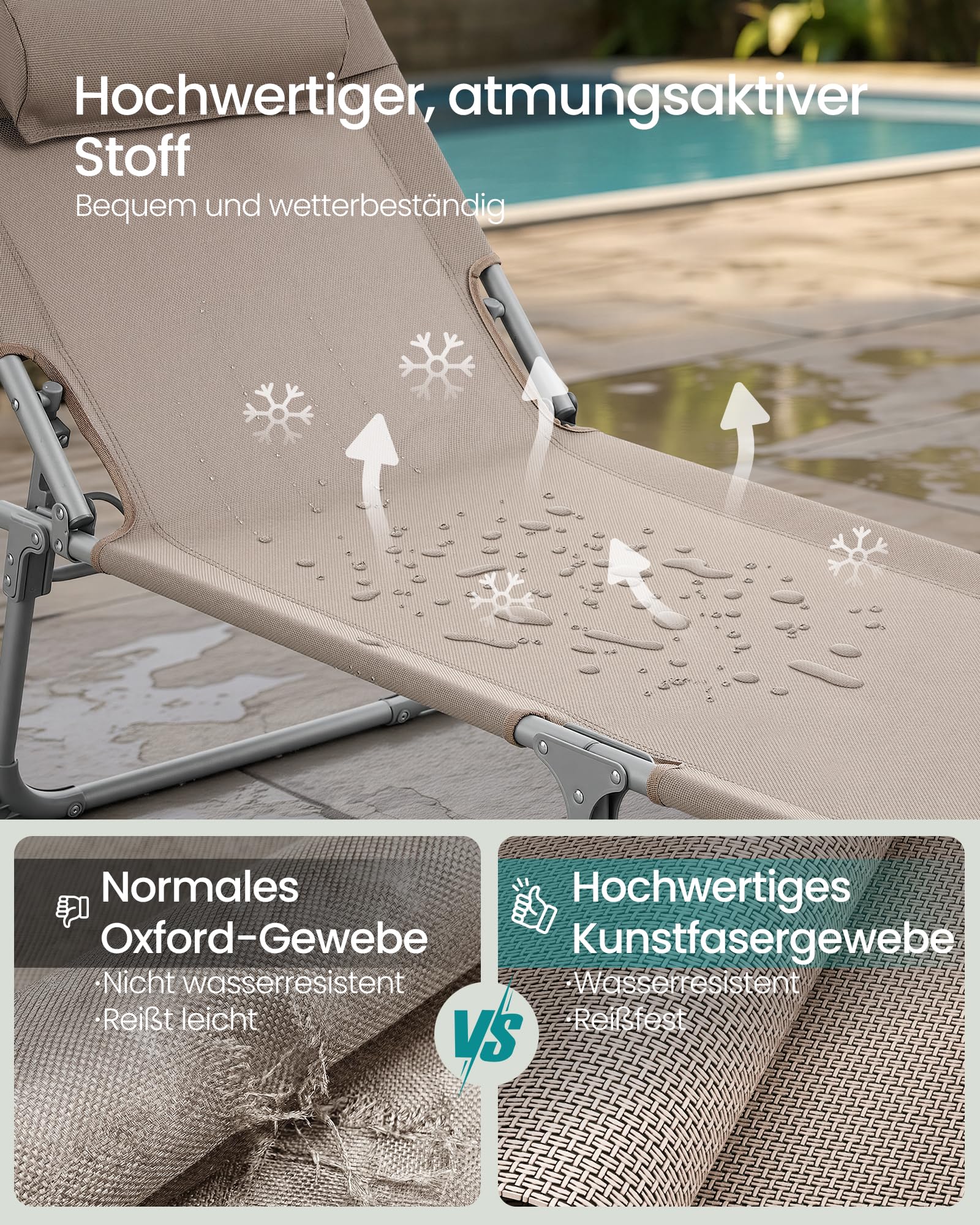 Sonnenliege, klappbarer Liegestuhl, 193 x 53 x 29 cm, trägt bis zu 150 kg, Sonnenschutz, Kopfkissen, verstellbare Rückenlehne, für Garten, Pool, Terrasse