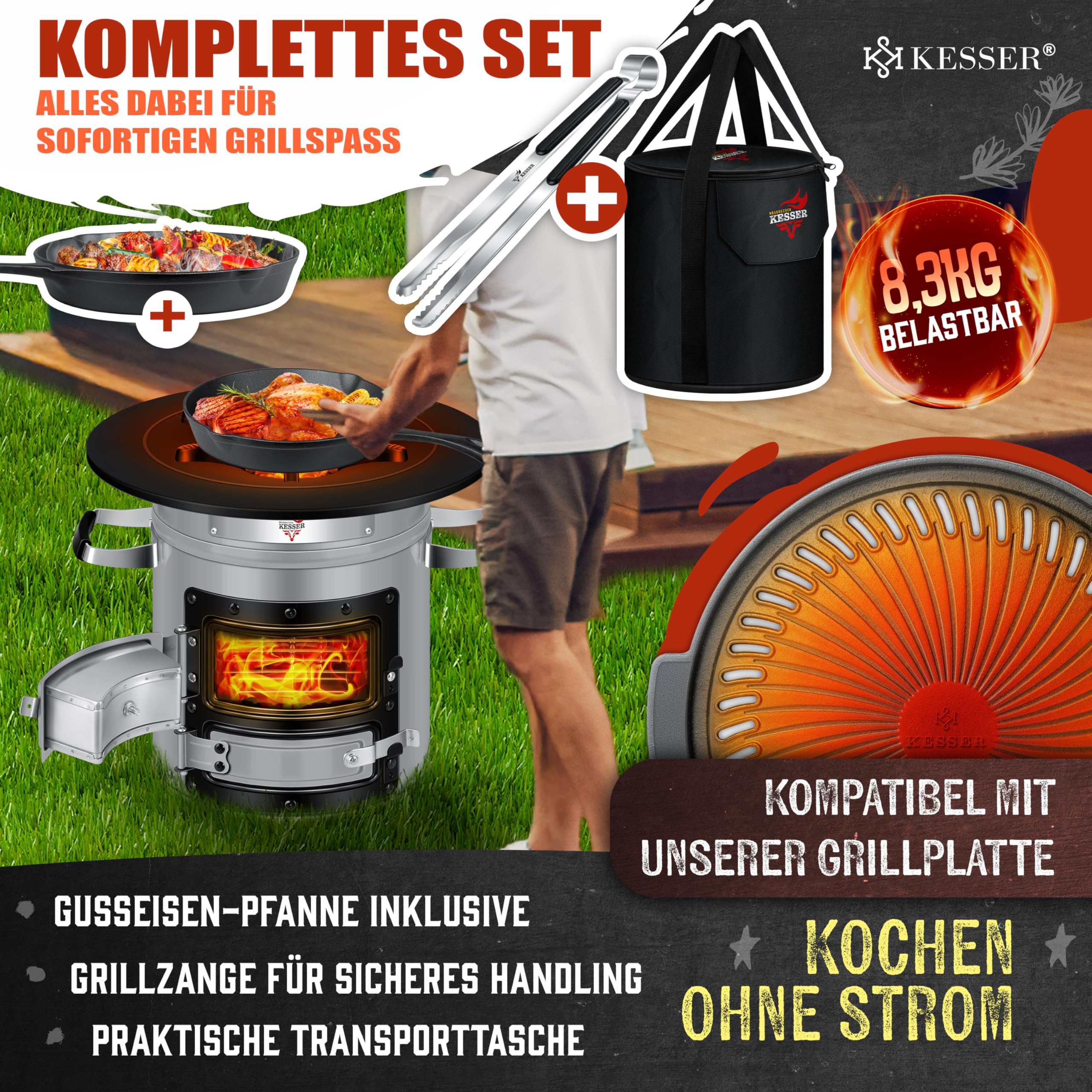 Raketenherd mit Gusseisen-Grillpfanne / Enthält Grillzange & Tragetasche /Camping Grill Edelstahl