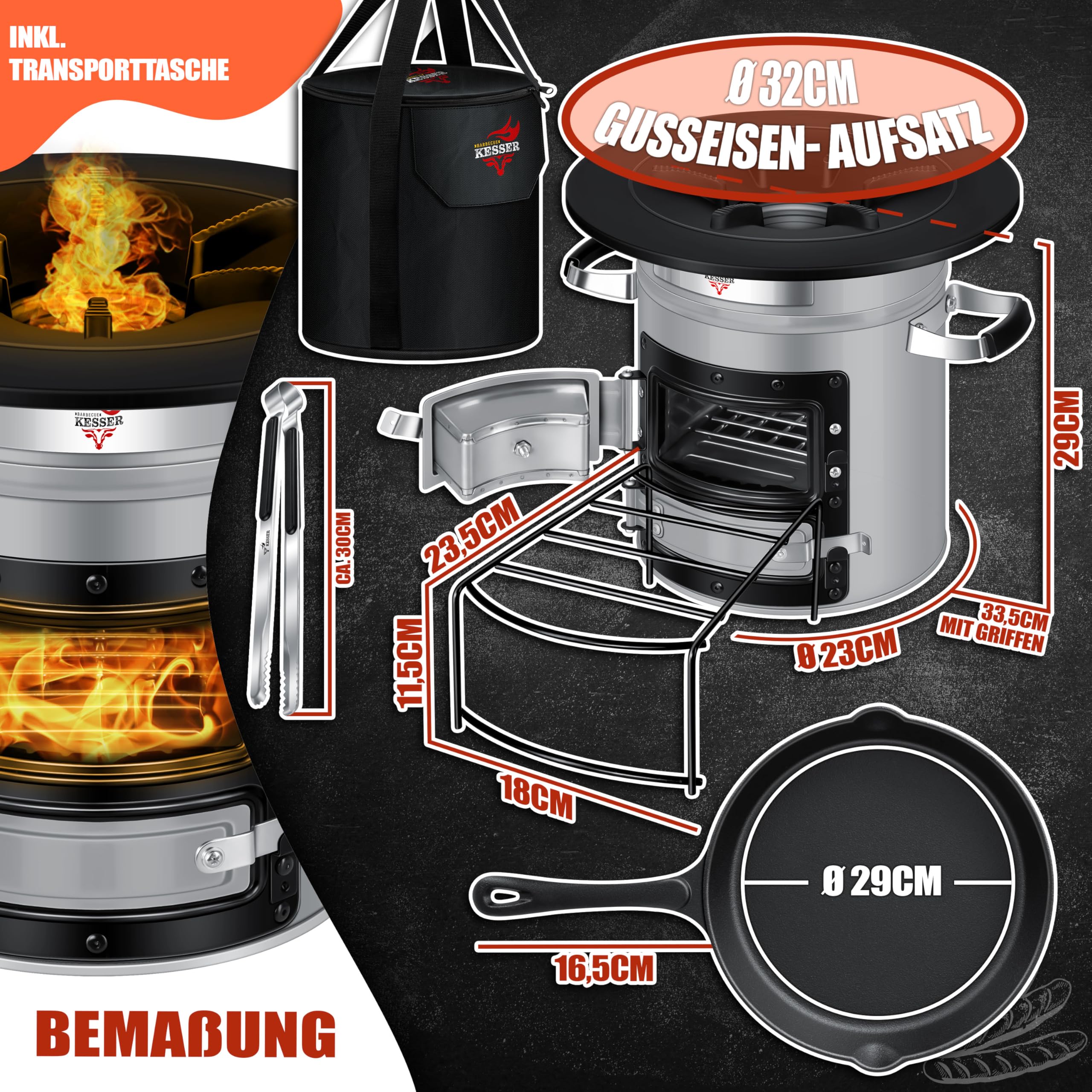Raketenherd mit Gusseisen-Grillpfanne / Enthält Grillzange & Tragetasche /Camping Grill Edelstahl