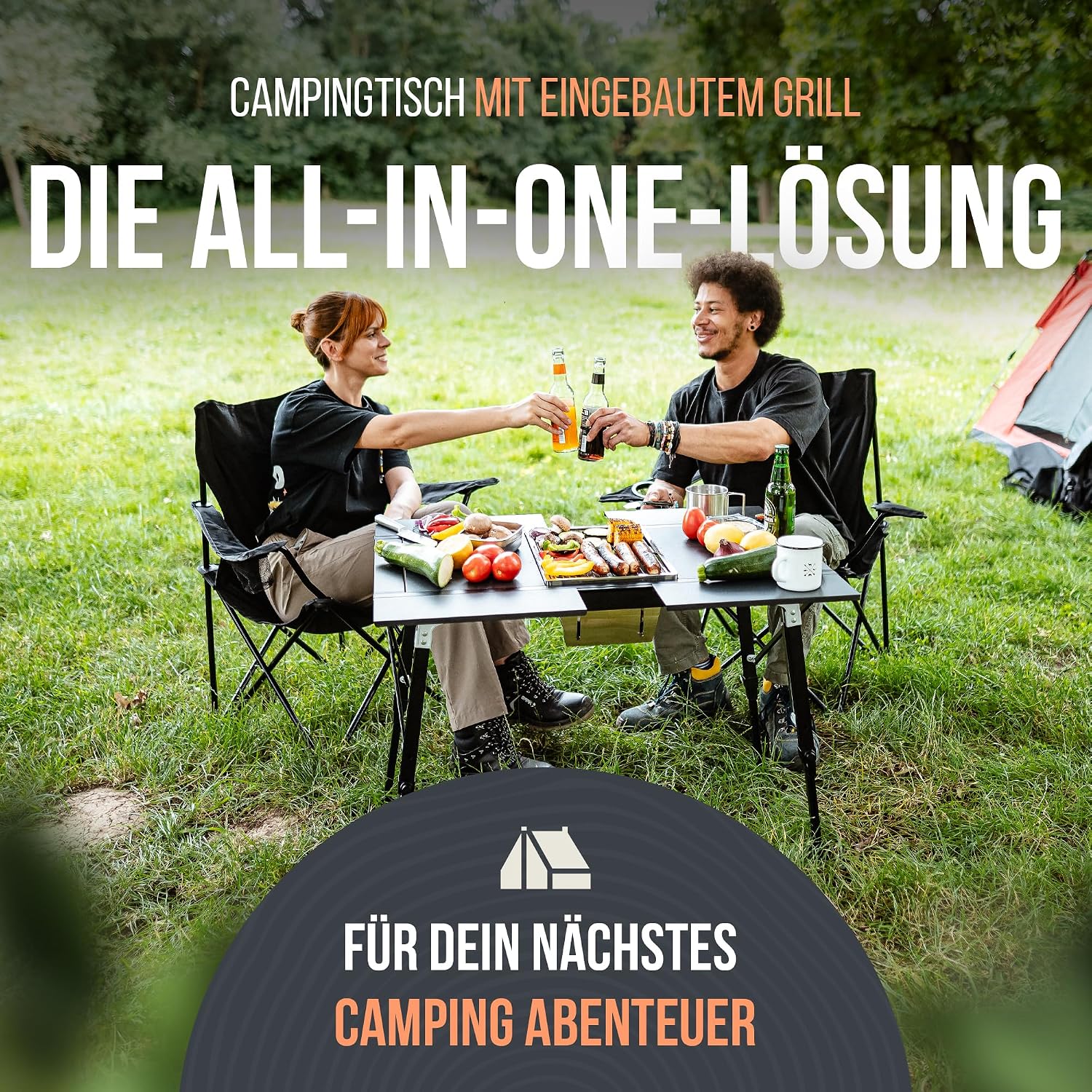 Campingtisch mit integriertem Grill – Aluminium 7075, höhenverstellbar, Outdoor wetterfest, innovatives Faltsystem, Multifunktionstisch & Camping Zubehör für Garten, Reisen & Angeln