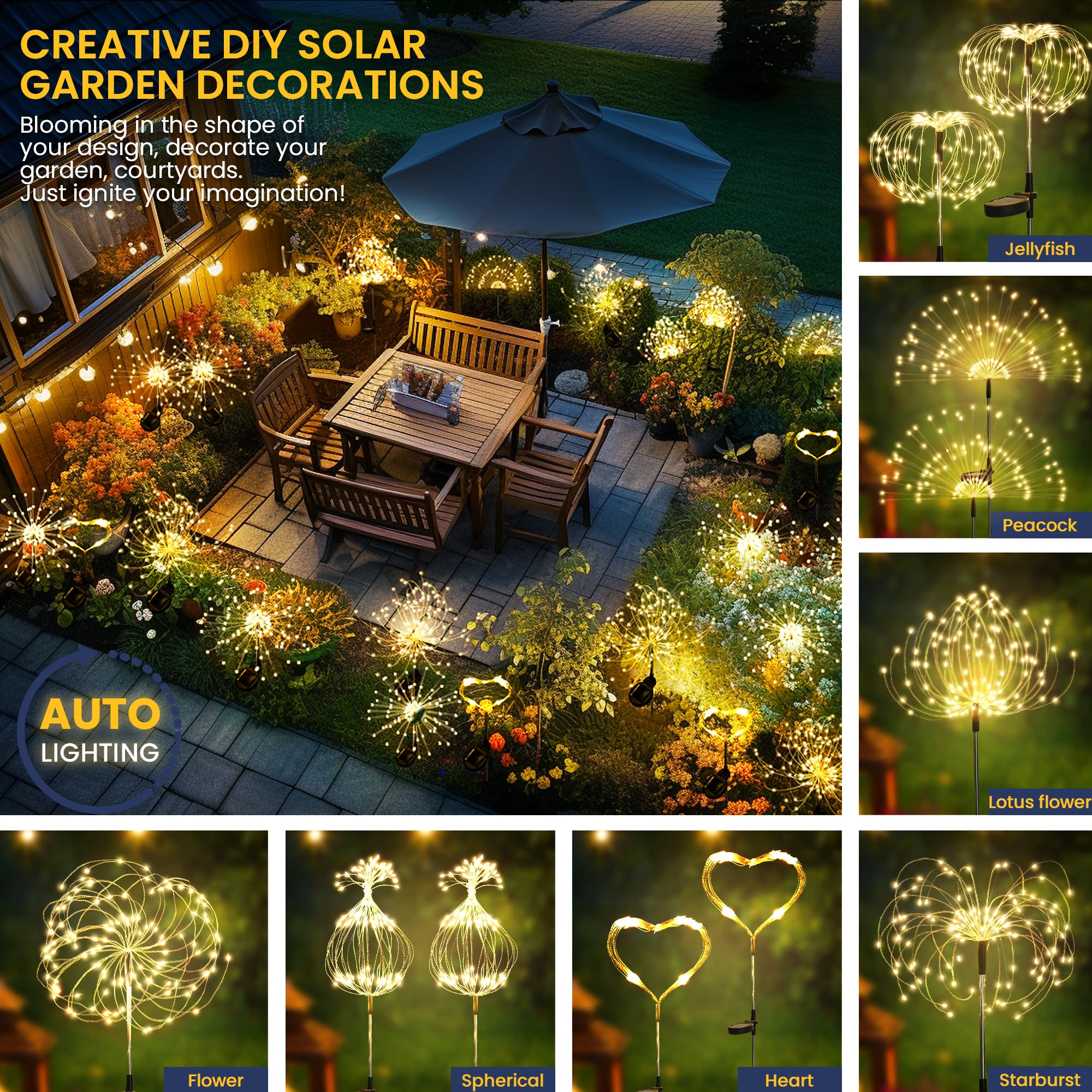 Gartendeko Solarleuchten für Außen,4 Stück 120 LED Feuerwerk Solarleuchten, Wetterfest Pusteblume Solarlampen für Balkon Terrasse Blumenkästen Hof Deko