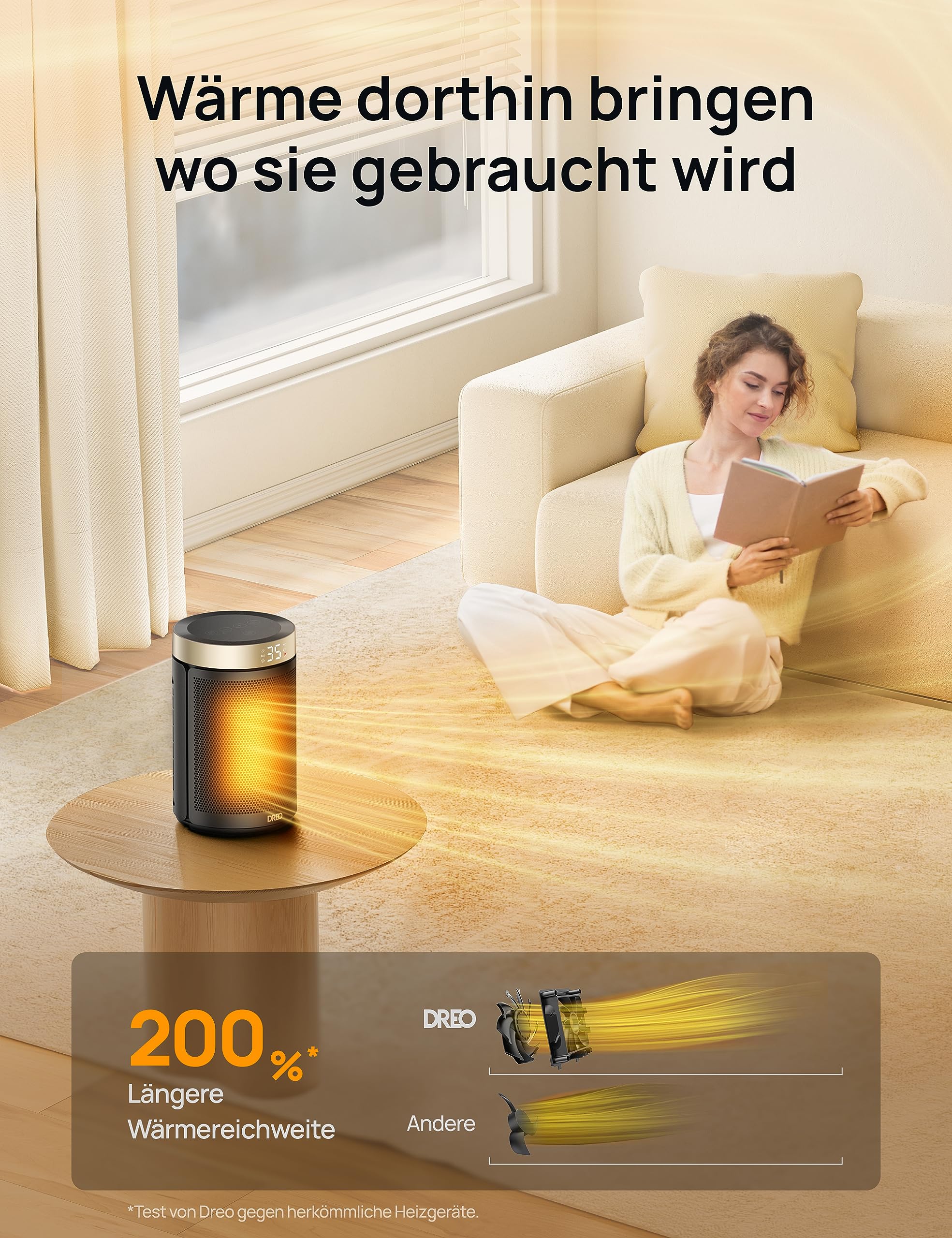 Energiesparender Heizlüfter, 34 dB Leiser 1500W Elektrischer PTC Keramik, Thermostat, Überhitzungs- & Kippschutz, 12 Std. Timer, Elektroheizung für Räume Schlafzimmer, Heater 316, Gold