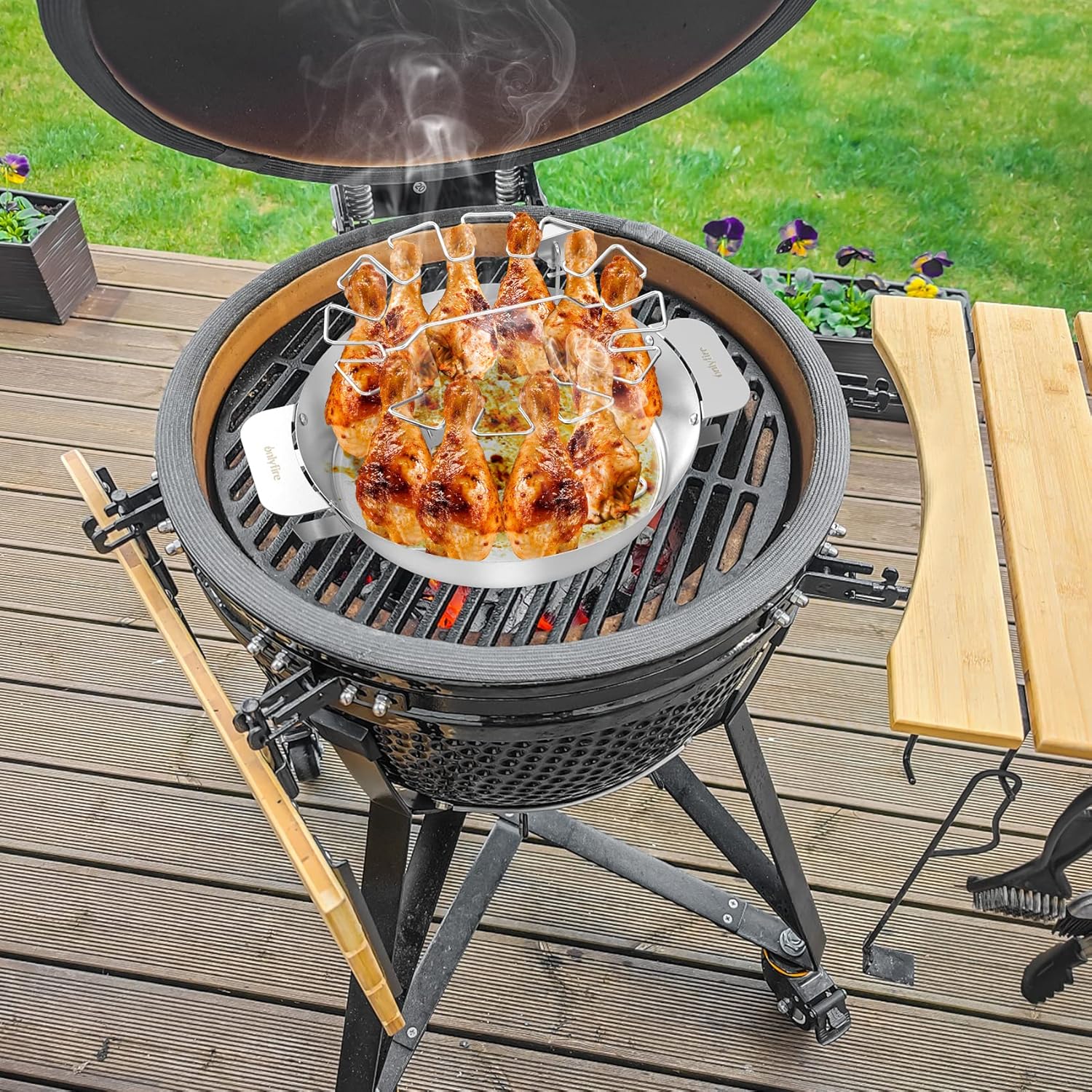 Hähnchenschenkel Halter mit Auffangschale für 12 Keulen, Edelstahl Hähnchen Ständer, Hähnchenbräter für Weber Gourmet BBQ System, Kugelgrill und Kamado Grill, Hähnchen Grill Ständer