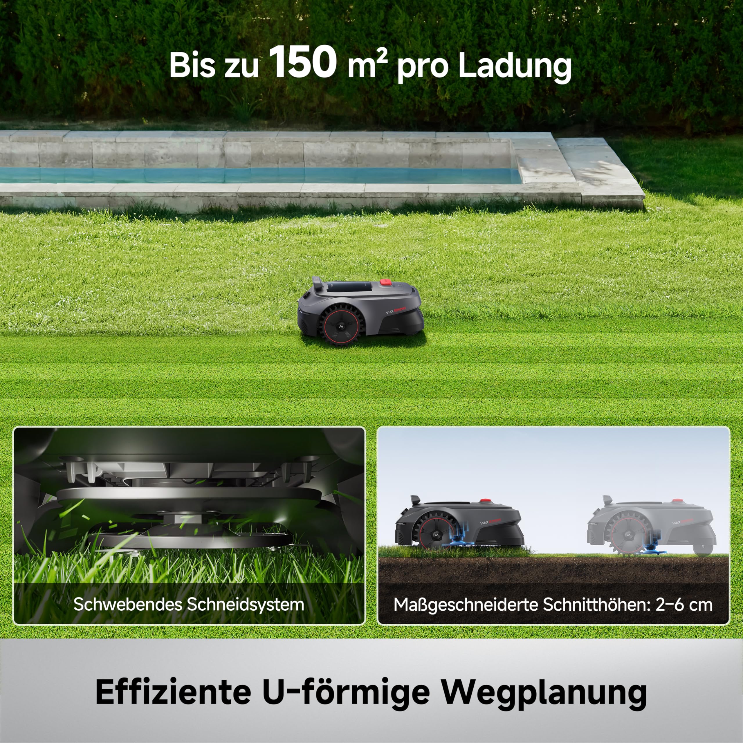 MOVA ViAX 250 Mähroboter Ohne Begrenzungskabel, Empf. 250m², KI-gestützte Kartierung, U-förmige Bahnen, Hindernisvermeidung Dual-Vision, Besserer Kantenschnitt, Für Komplexe Gelände, Appsteuerung