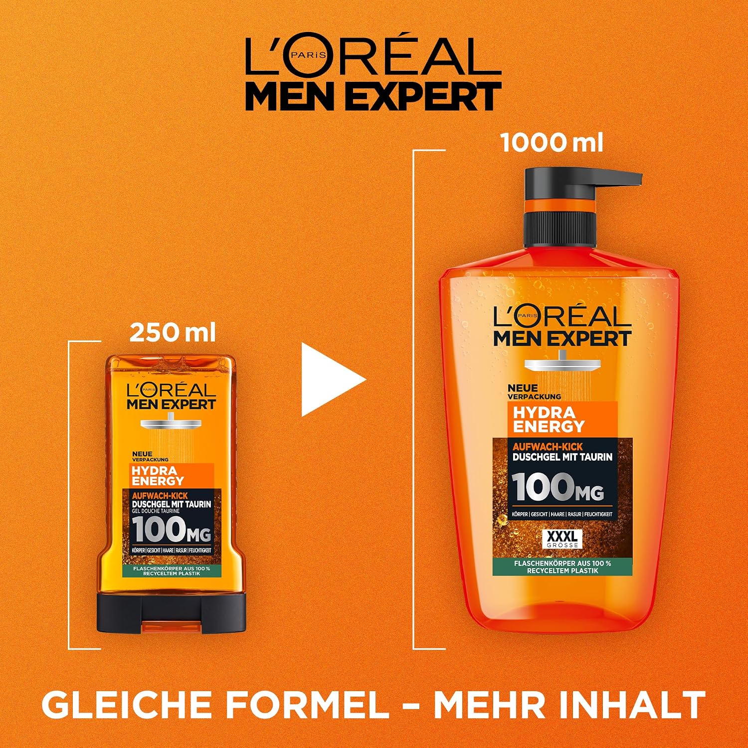 L'Oréal Men Expert 1L Duschgel und Shampoo für Männer, 3-in-1 Duschbad zur Reinigung von Körper, Haar und Gesicht, Herren Körperpflege für langanhaltende Frische mit Taurin, Hydra Energy, 1x1000 ml