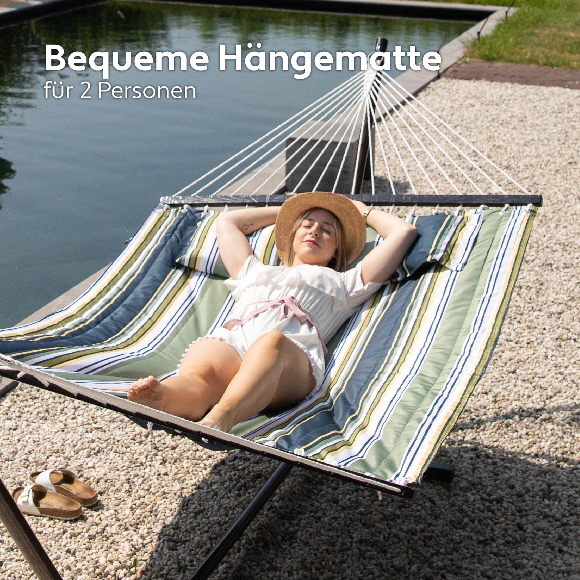 Hängematte mit Gestell und Tisch - Hängematte Outdoor für den Garten, Pool & Balkon - Großzügige Hängematten 2 Personen - Doppelhängematte mit Ständer und Beistelltisch - 200 kg Belastbarkeit