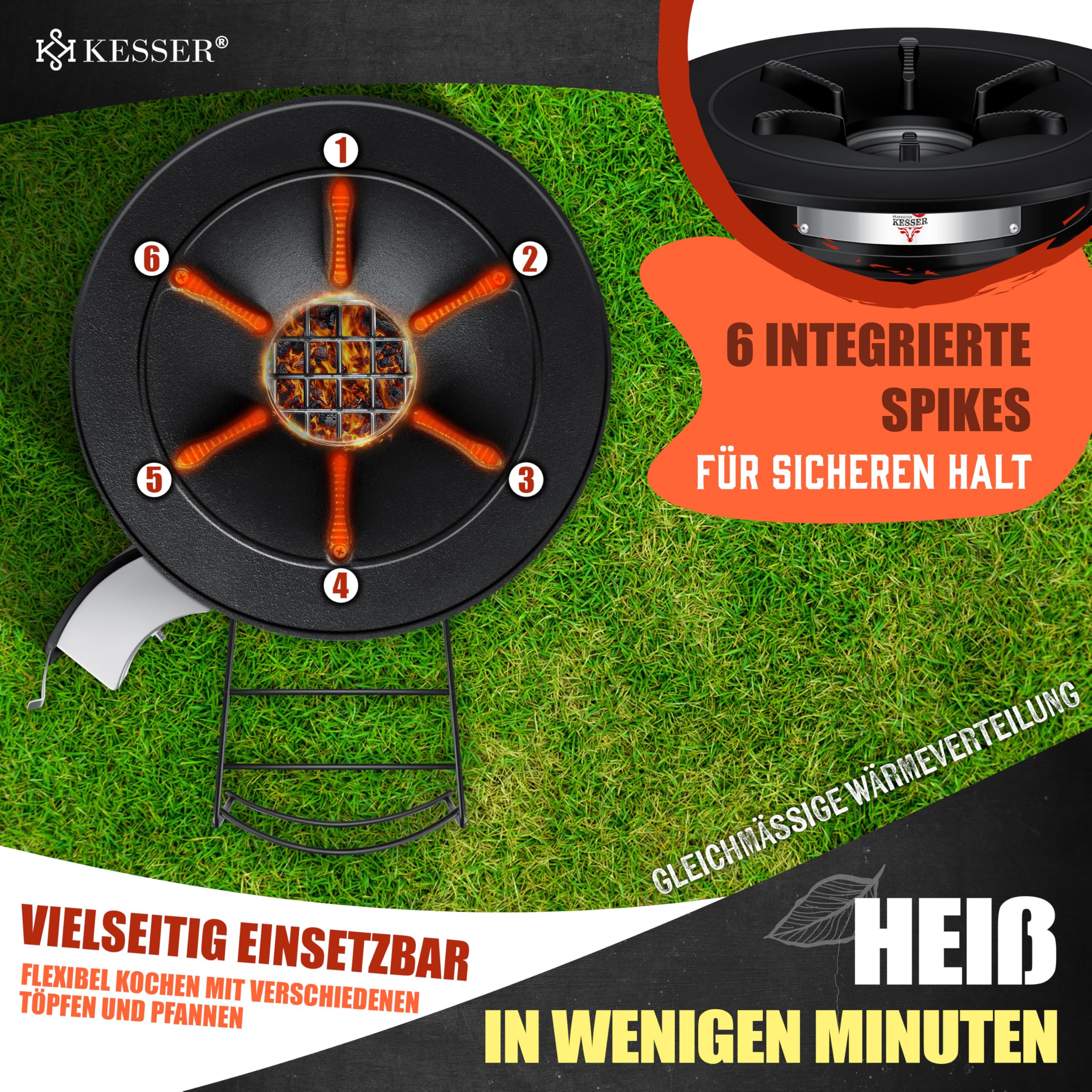 Raketenherd mit Gusseisen-Grillpfanne / Enthält Grillzange & Tragetasche /Camping Grill Edelstahl