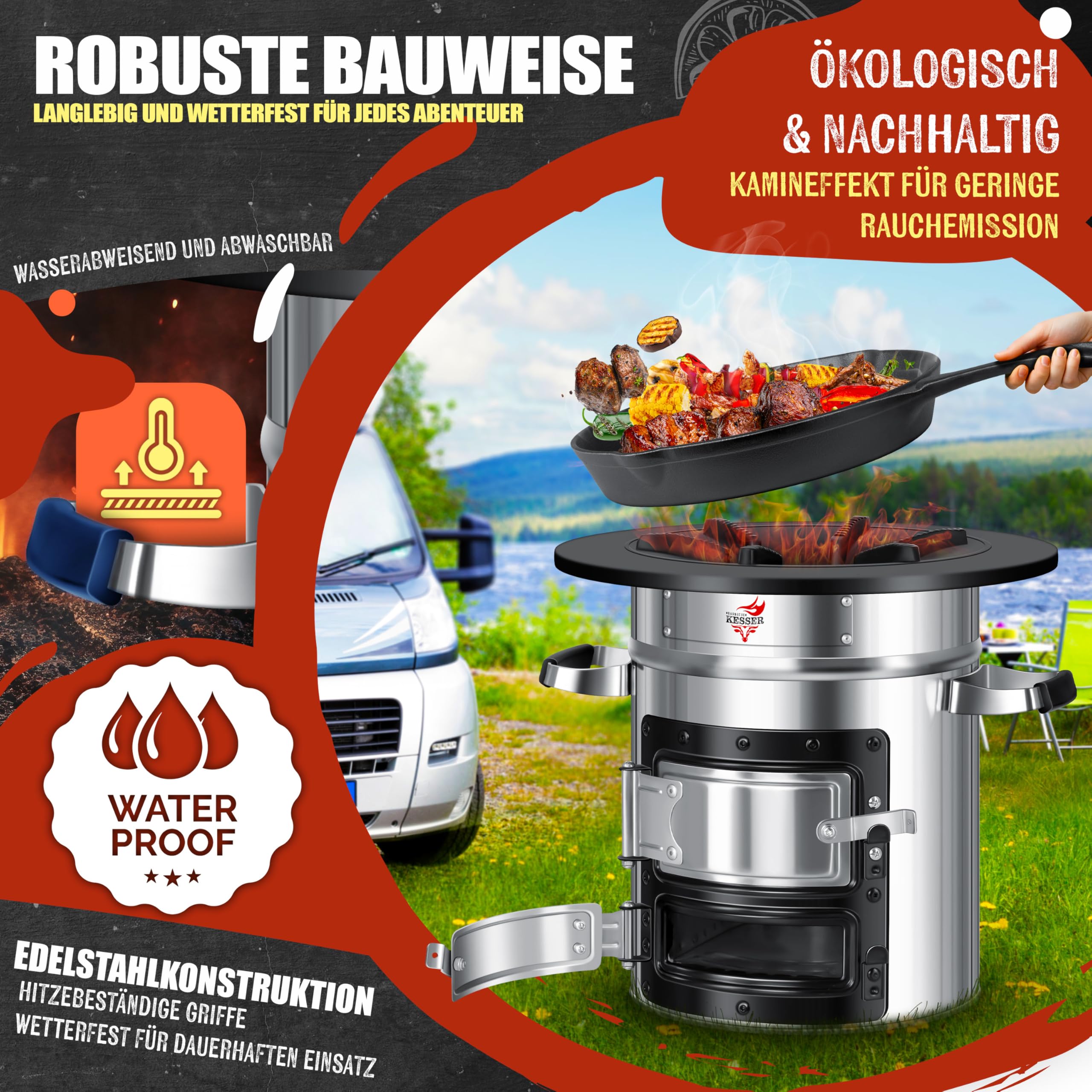Raketenherd mit Gusseisen-Grillpfanne / Enthält Grillzange & Tragetasche /Camping Grill Edelstahl
