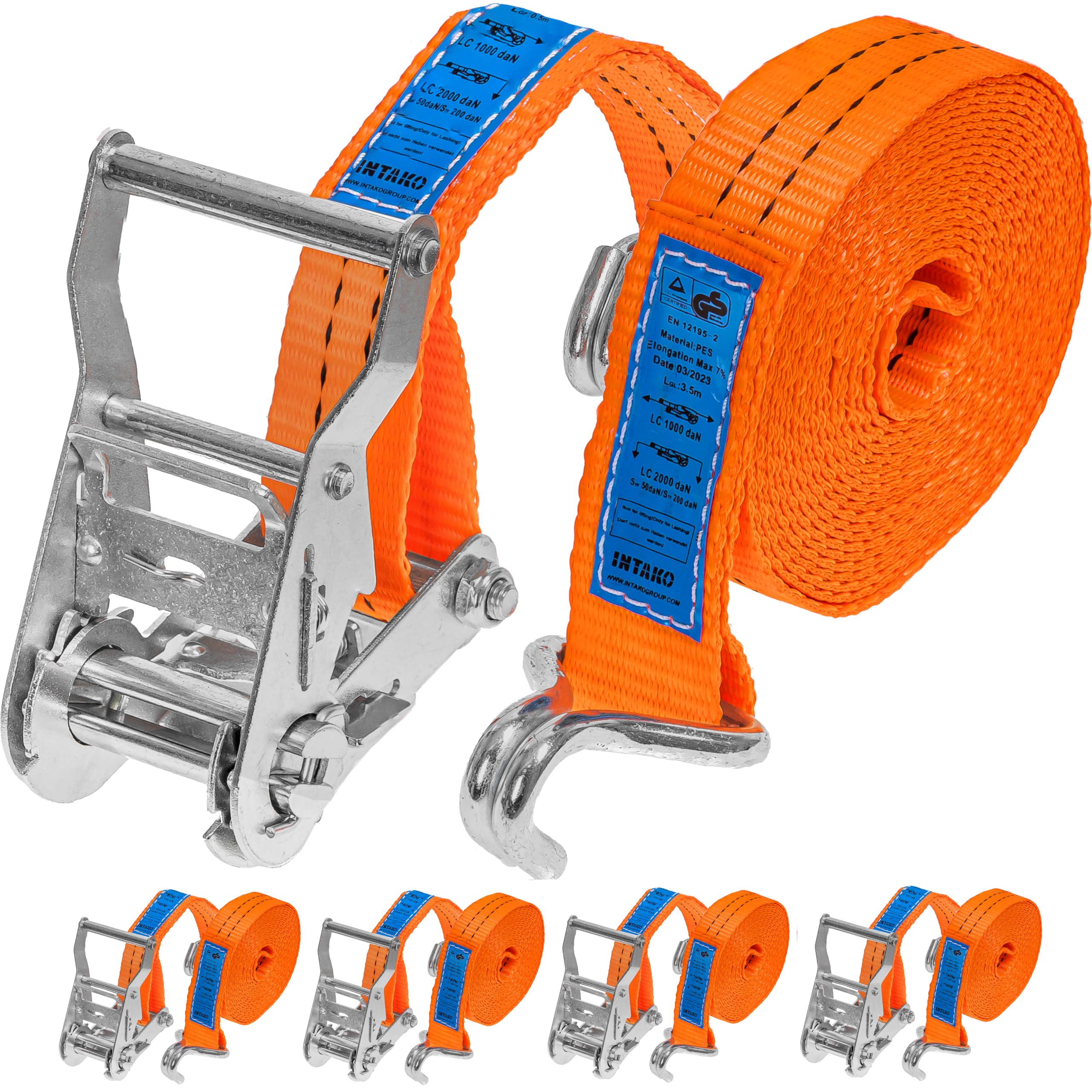 Spanngurte mit Ratsche und Haken - 4m / 6m / 8m - 2000kg 35mm - 4 Stück - Ratschen Set - Ratschengurt 2-Teilig - Zurrgurt Orange - TÜV GS Geprüft und gemäß DIN EN 12195-2 (Orange, 6m)