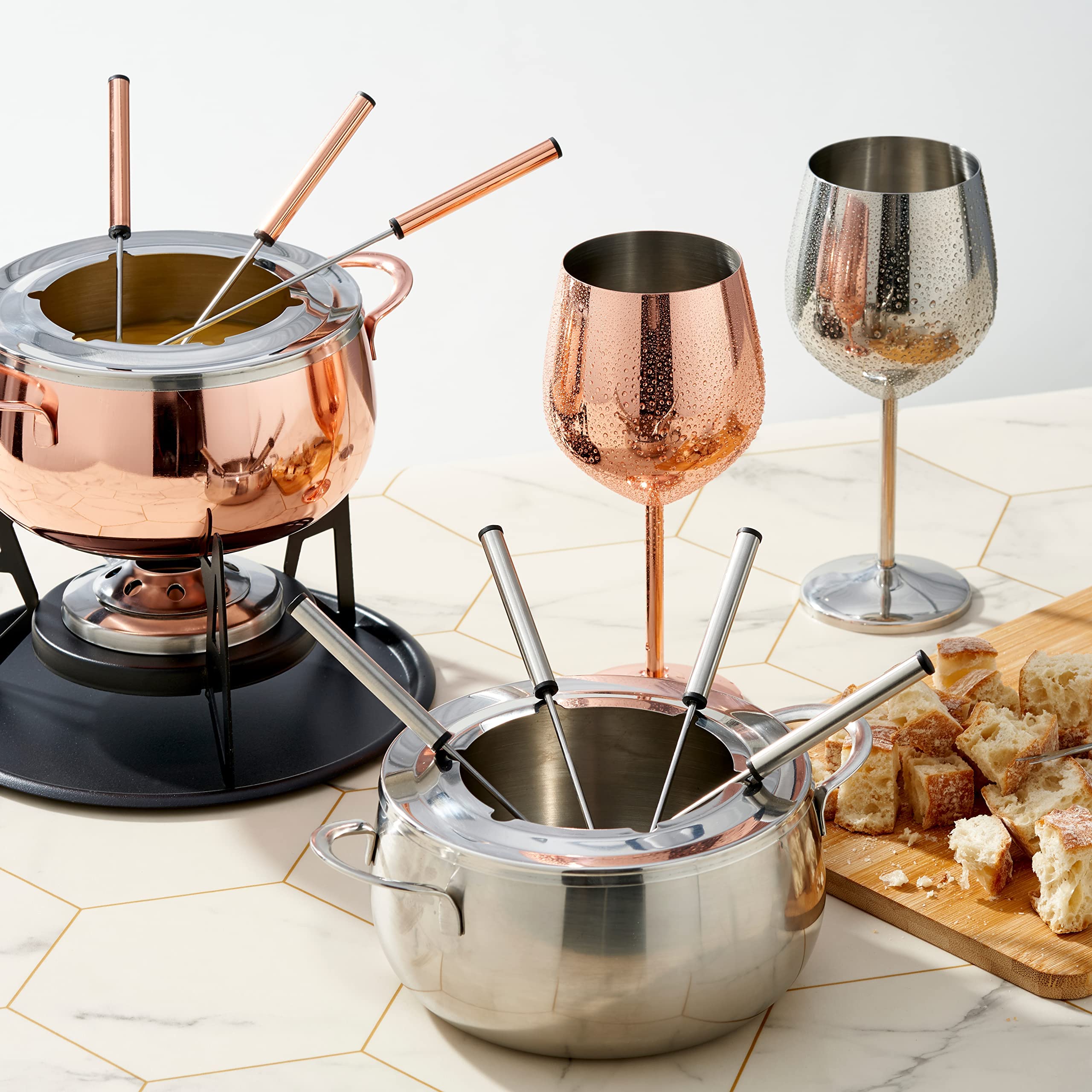 10-teilige Premium-Fondue aus Edelstahl für 6 Personen - Elegantes Silber - Schokolade, Käse, Fleisch - Robust & Chic - Geschenkset für Valentinstag/Geburtstag/Jubiläum