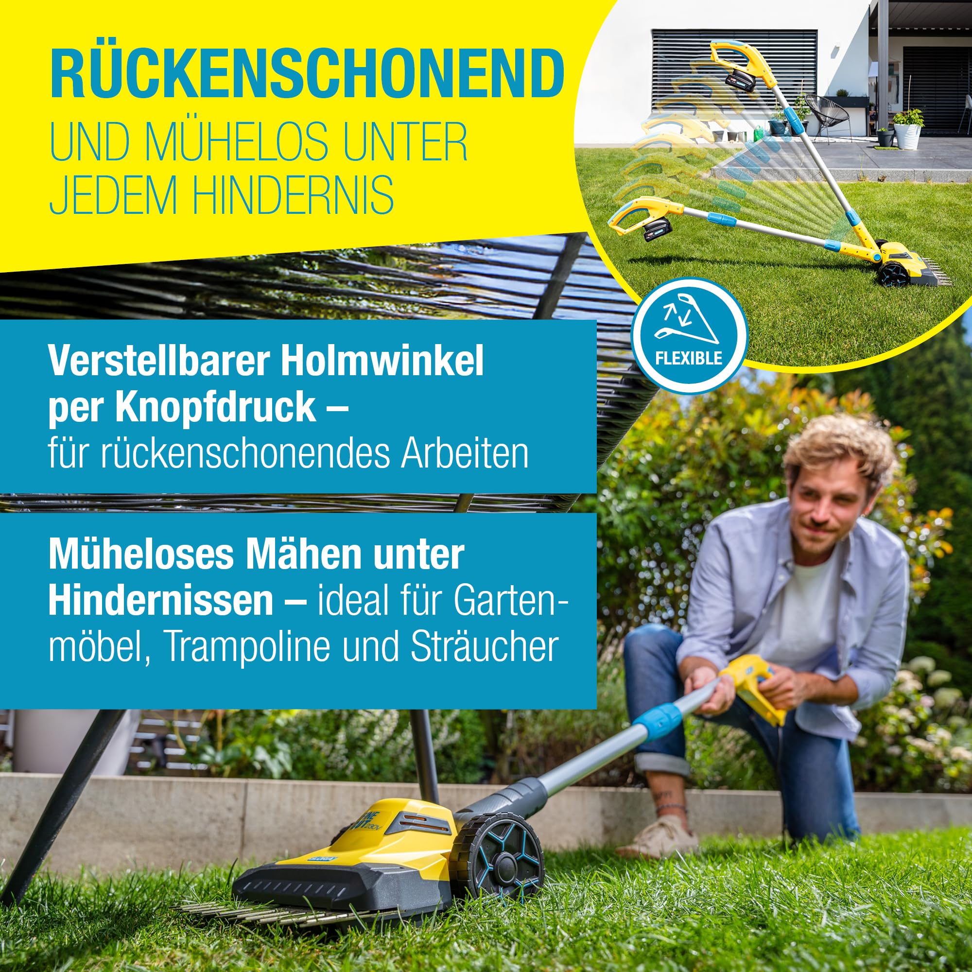 Rasentrimmer & Kantenschneider FineCut Varianten 18V Set | 25 cm Schnittbreite fĂŒr Rasenkanten & kleine GĂ€rten | inkl. Bosch Akku & LadegerĂ€t | Ideal als ErgĂ€nzung zum MĂ€hroboter, Gelb und Blau, Auswahl Varianten